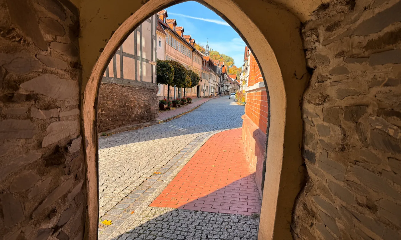 Blick auf Fachwerkhäuser in Stolberg im Südharz