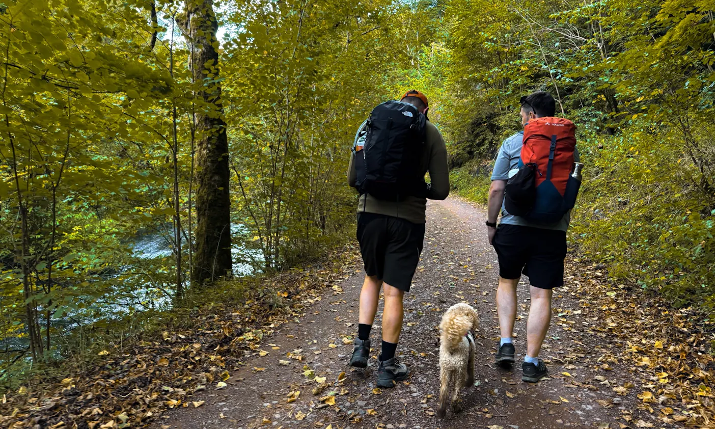 Zwei Wanderer mit Hund von Neuwerk nach Treseburg