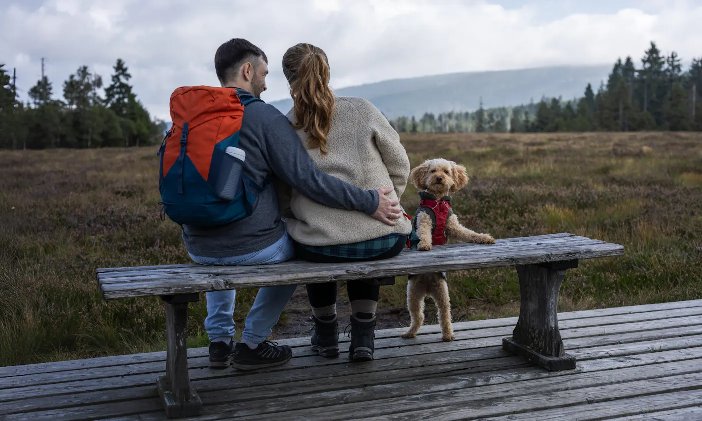 Ein Pärchen, dass mit ihrem Hund auf einer Bank sitzt mit Blick auf den Broken