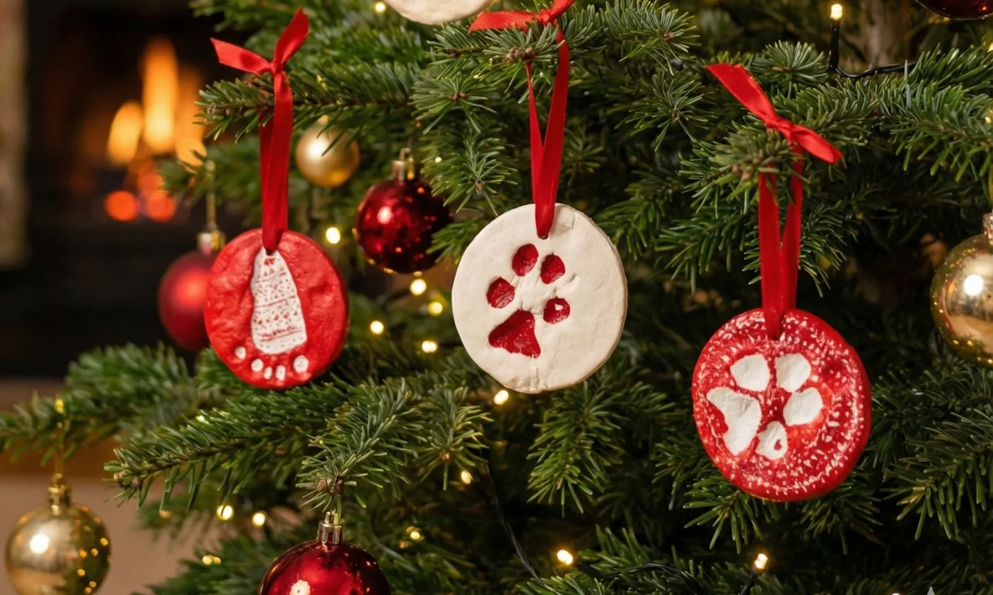 Pfotenabdrücke auf Salzteig hängend auf einem Weihnachtsbaum
