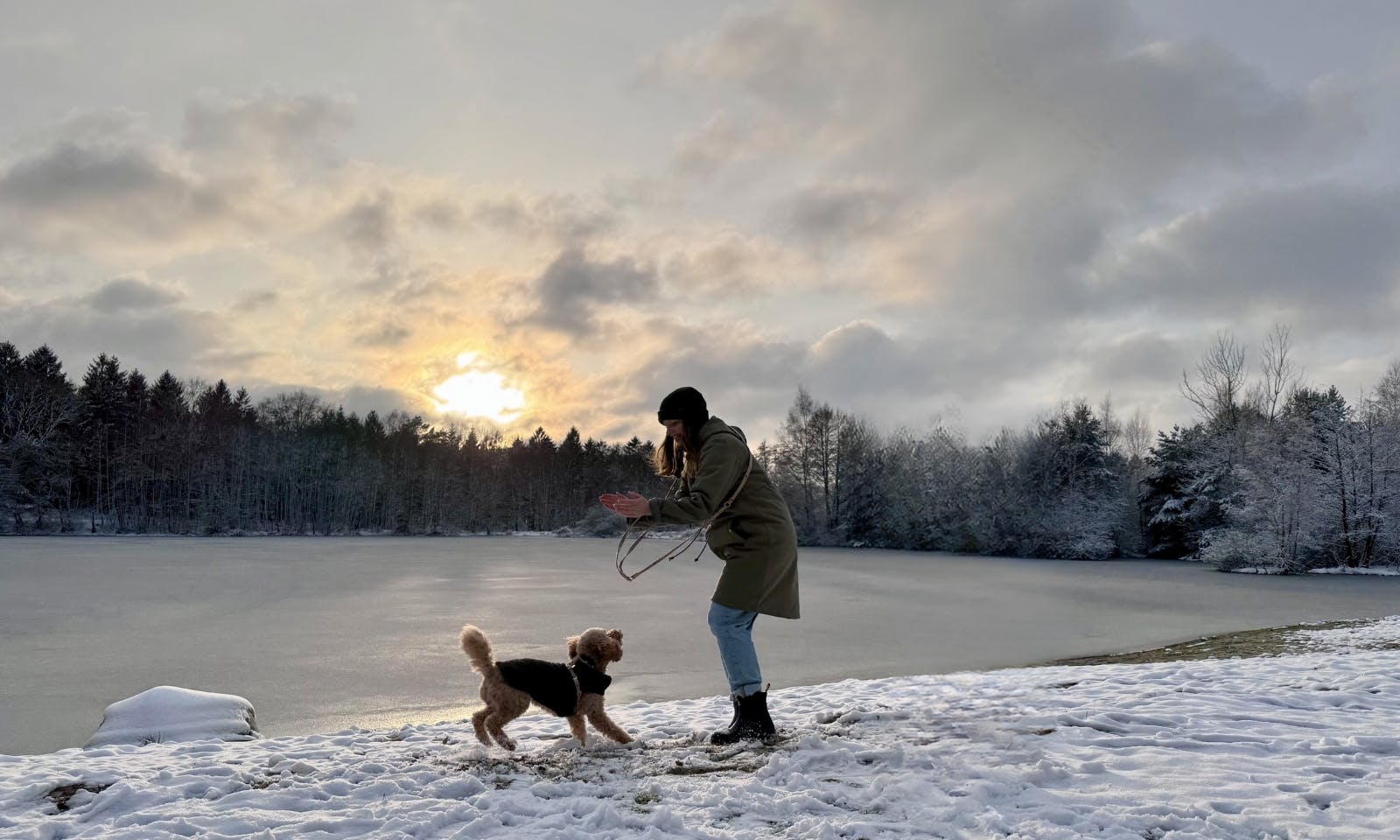 Frau und Pudel machen Hundetricks im Schnee im Sonnenuntergang