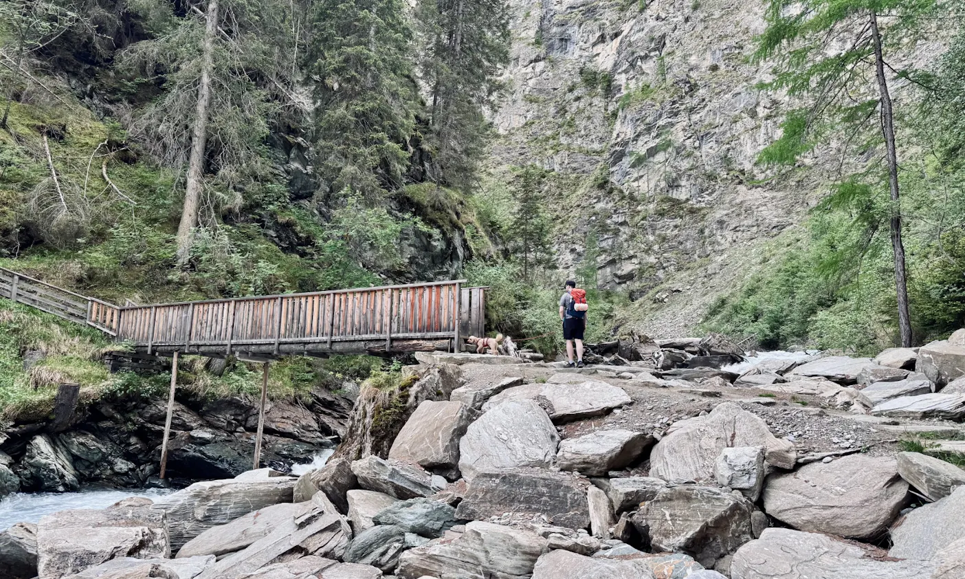 Mann wandert mit Hund den Natury Mystica Weg bei Heiligenblut
