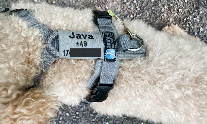 Telefonnummernschild für das Hundegeschirr Anny-X mit Klett und bestickter Telefonnummer und Hundenamen für mehr Sicherheit