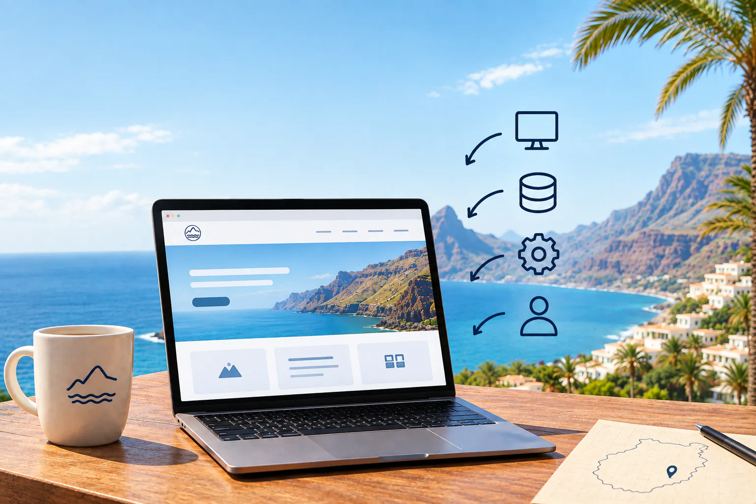Un portátil sobre una mesa de madera frente a la costa de Gran Canaria, con iconos de interfaz web alrededor de la pantalla.