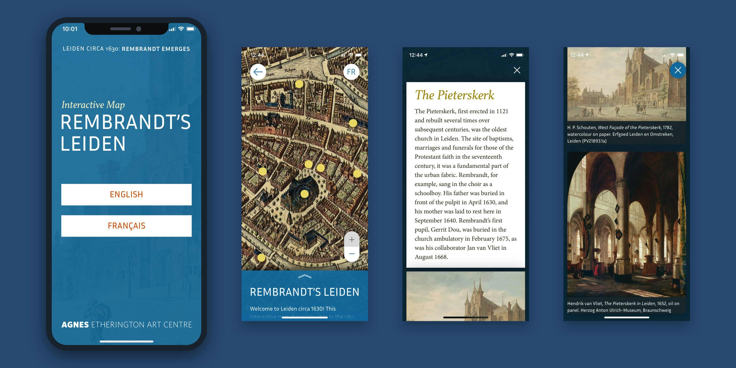 A mockup of an iPhone screen displaying the design for the responsive web app Rembrandt's Leiden.