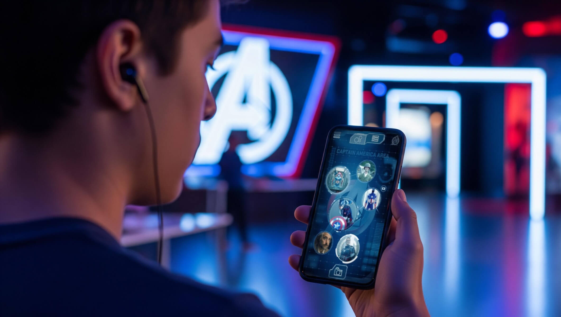 Artists rendition of a man holding a phone with the Avengers STATION mobile guide on screen, and the exhibition space in the background