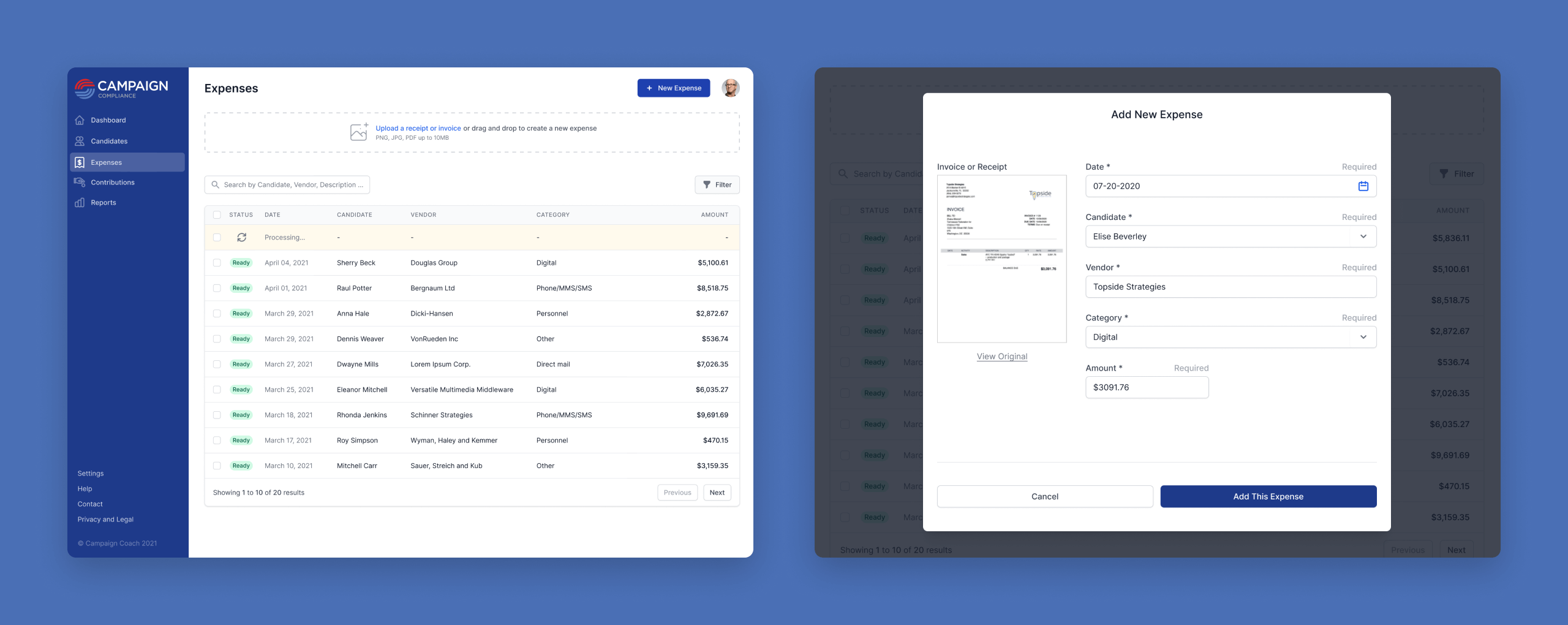 Screens show campaign Expenses and Add Expense views