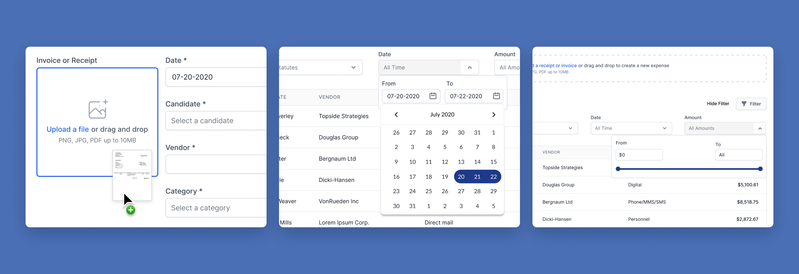 Detail views showing upload invoice, date picker, and price range controls