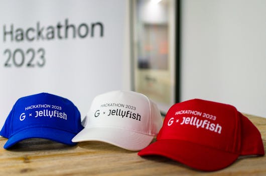 Three baseball caps in a row. From left to right - one blue, one white and one red. They all have the words Hackathon 2023 on them, alongside the Google and Jellyfish logos