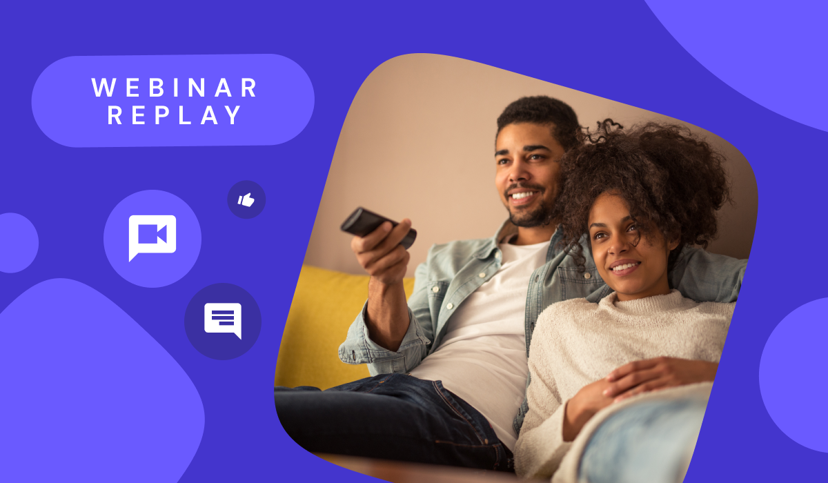 Jellyfish purple background with Webinar mention and 2 people watching TV