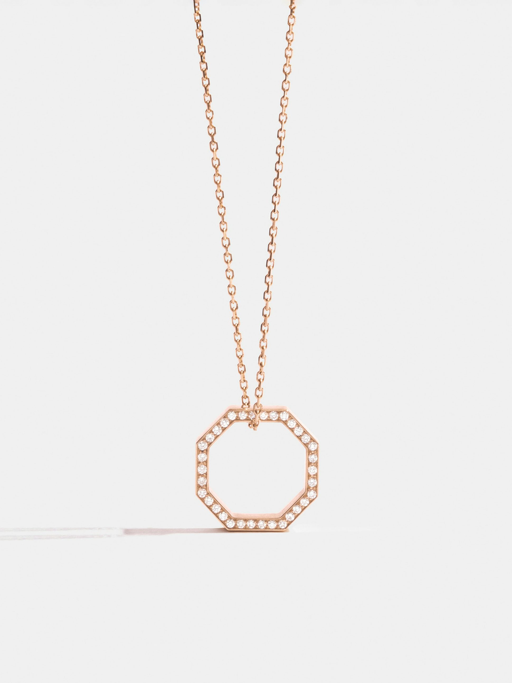 Octogone 14mm pendant in 18k Fairmined ethical rose gold, paved with lab-grown diamonds, on a chain.