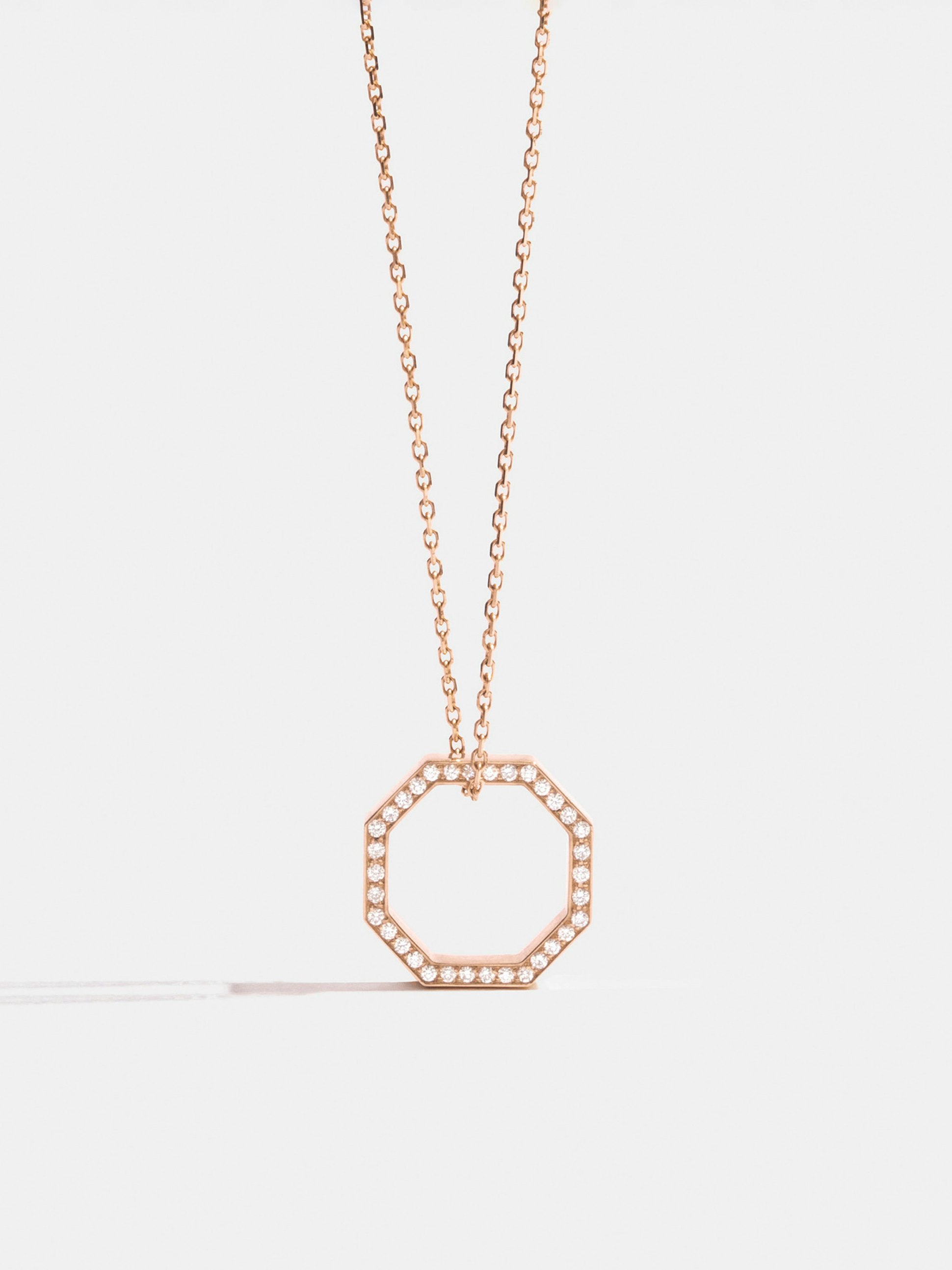 Octogone 14mm pendant in 18k Fairmined ethical rose gold, paved with lab-grown diamonds, on a chain.