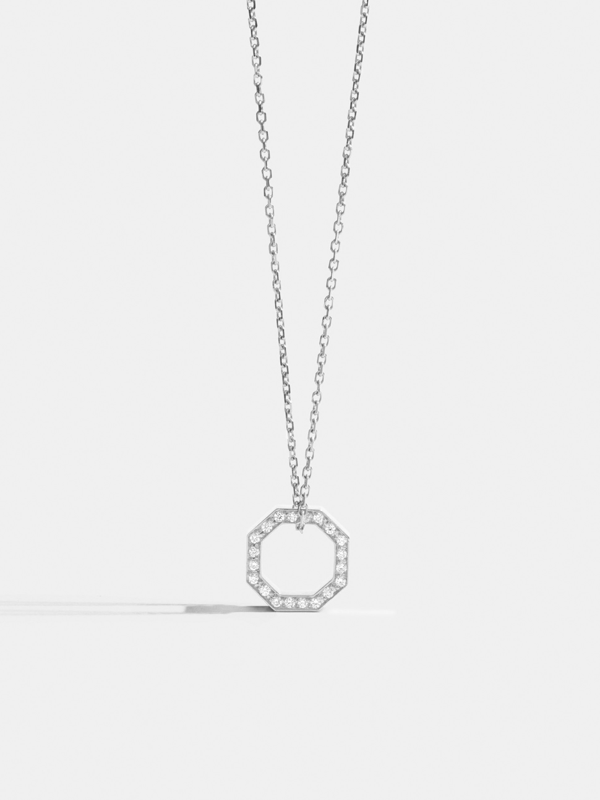Octogone 10mm pendant in 18k Fairmined ethical white gold, paved with lab-grown diamonds, on a chain.
