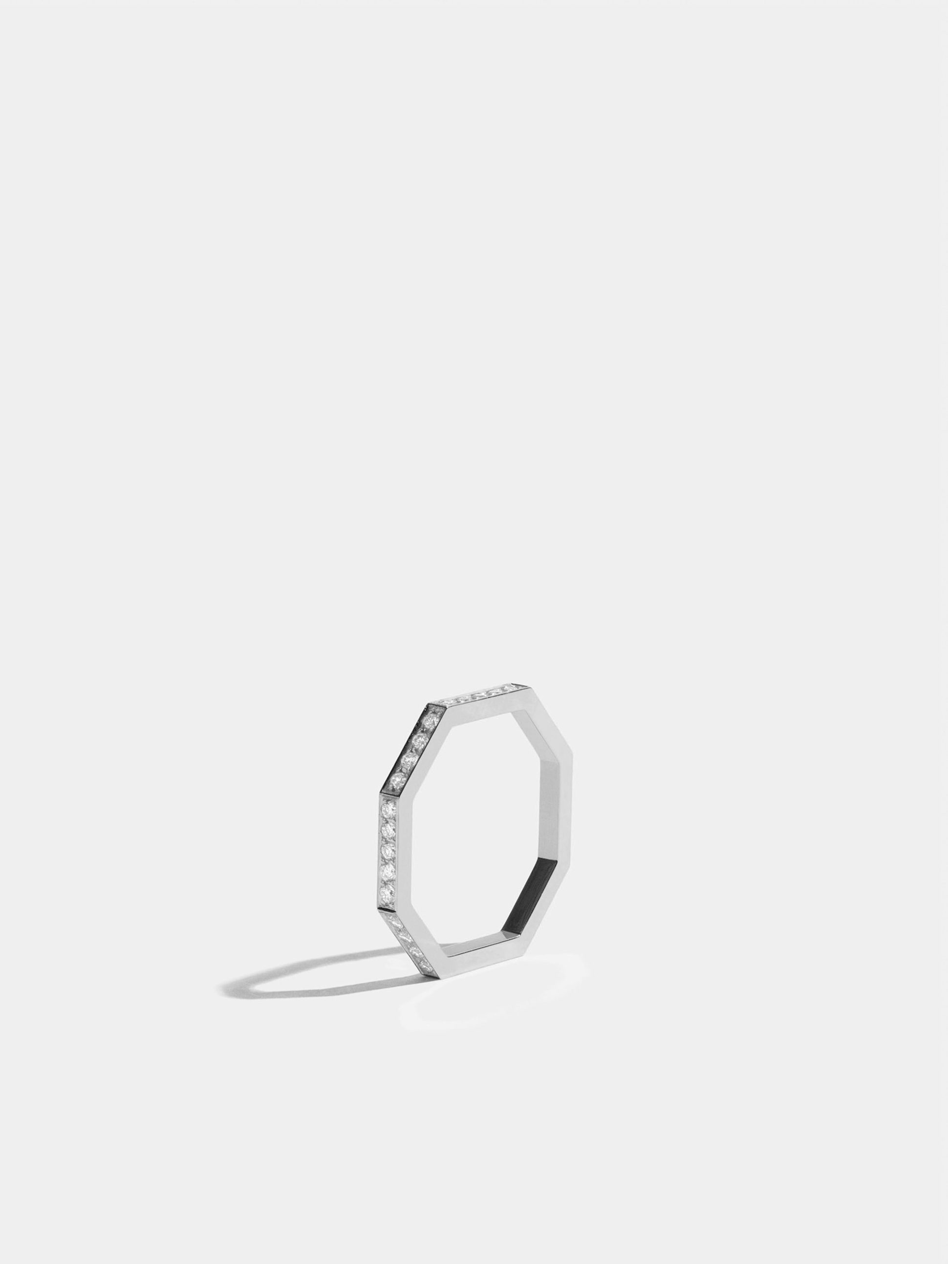 Octogone simple ring in 18k Fairmined ethical white gold and paved with lab-grown diamonds