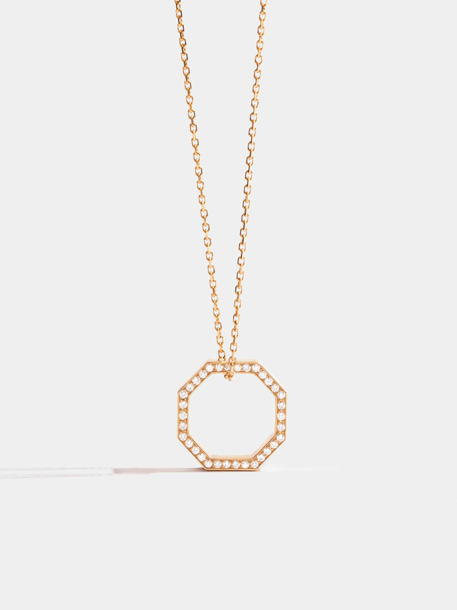 Octogone 14mm pendant in 18k Fairmined ethical yellow gold, paved with lab-grown diamonds, on a chain.