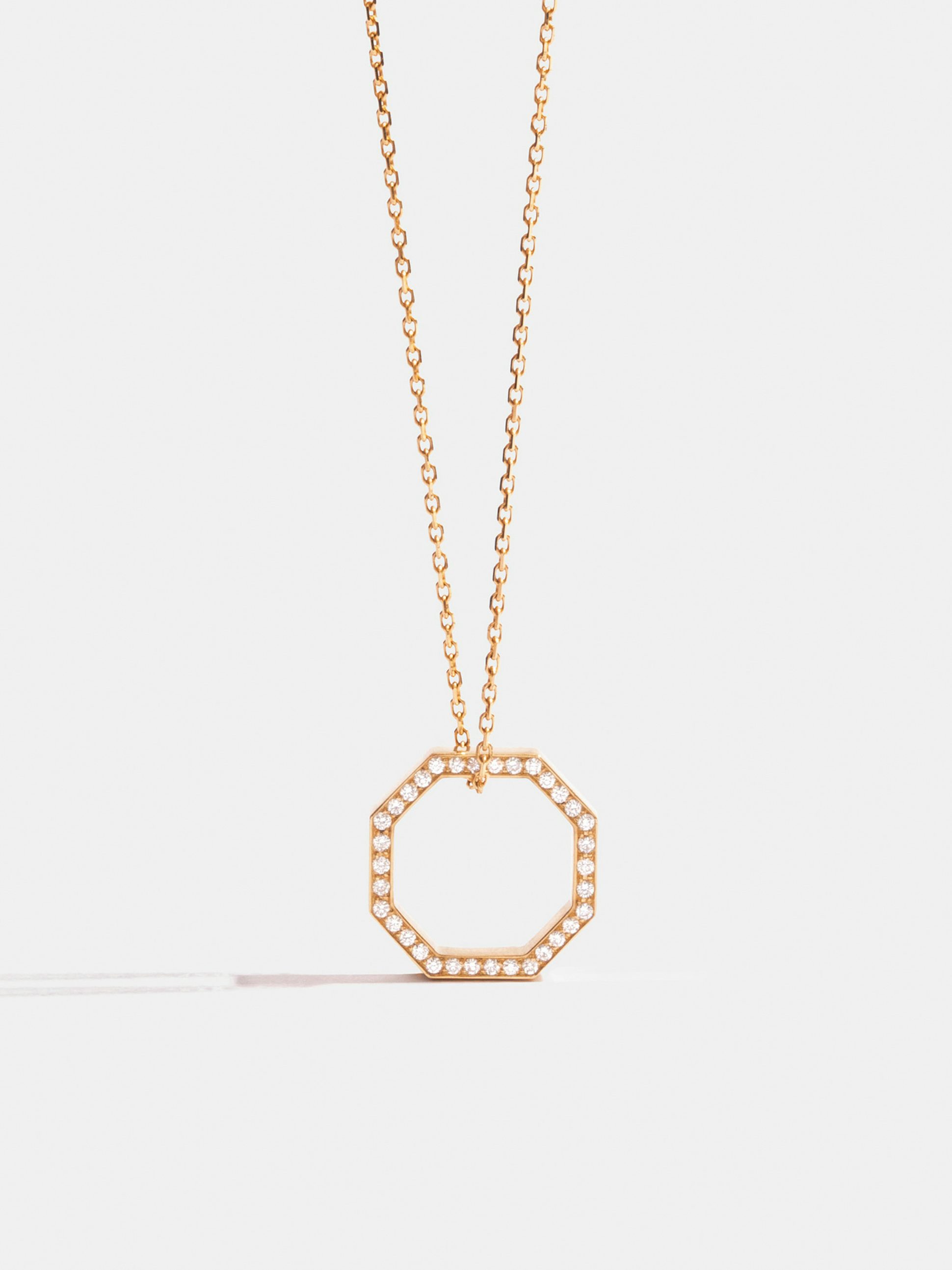 Octogone 14mm pendant in 18k Fairmined ethical yellow gold, paved with lab-grown diamonds, on a chain.