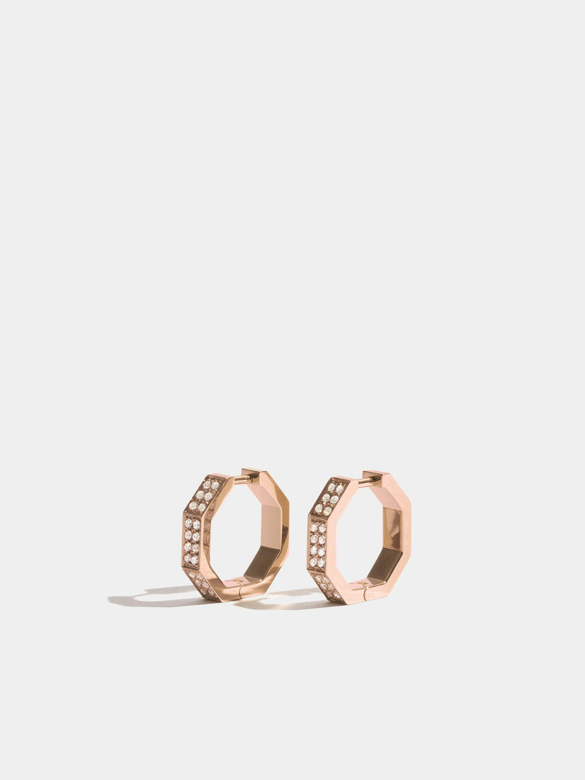 Octogone 13mm earrings in 18k Fairmined ethical rose gold, paved with lab-grown diamonds, the pair.