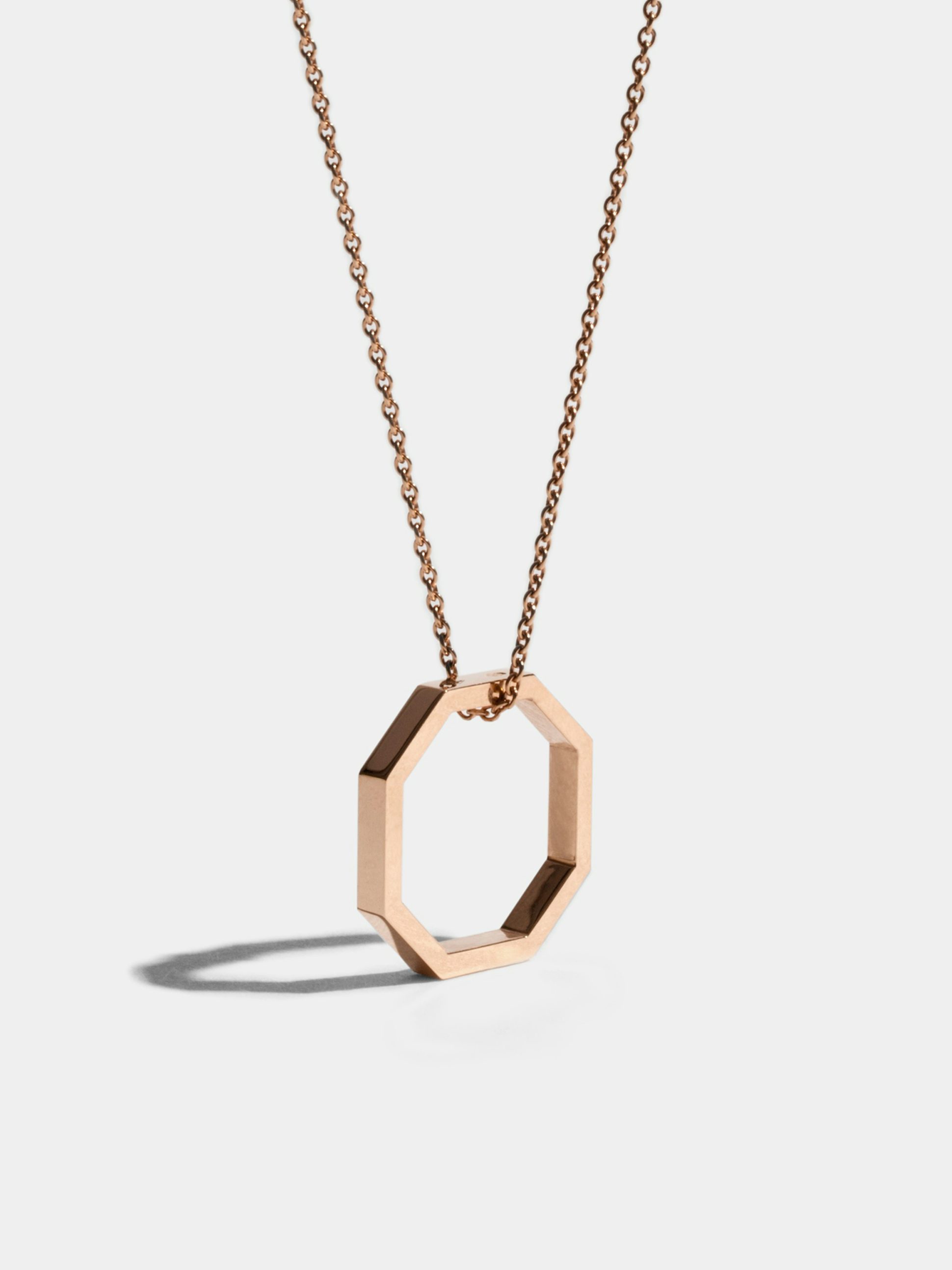 Octogone necklace with a 18mm pendant in 18k Fairmined ethical rose gold, on a 88cm chain.
