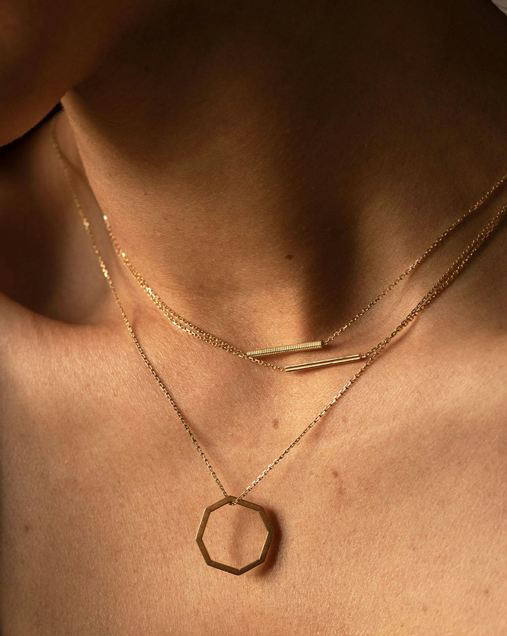 Octogone and Anagramme necklaceS in Fairmined-certified ethical yellow gold paved | JEM Jewellery Ethically Minded 