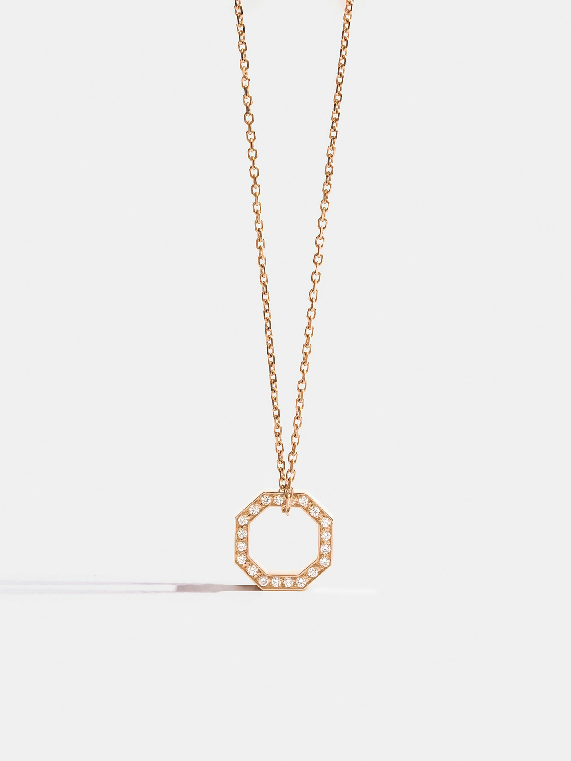 Octogone 10mm pendant in 18k Fairmined ethical rose gold, paved with lab-grown diamonds, on a chain.
