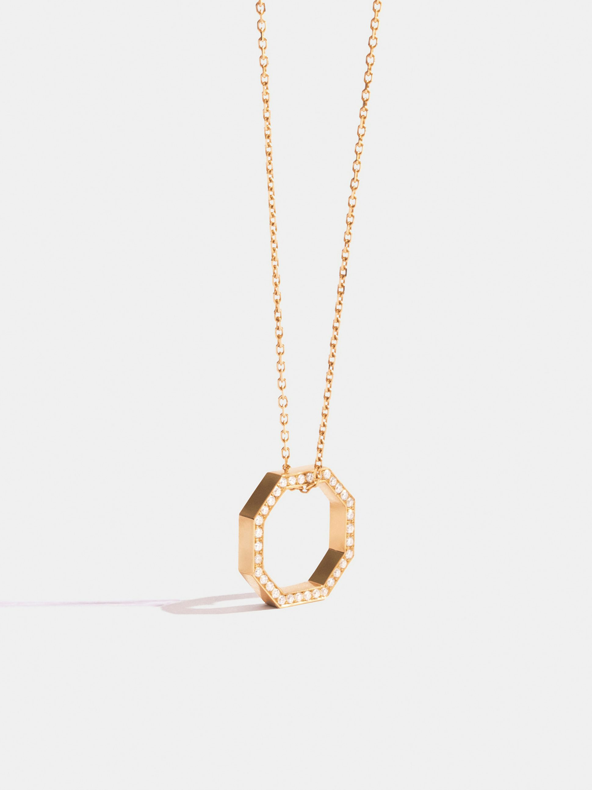 Octogone 14mm pendant in 18k Fairmined ethical yellow gold, paved with lab-grown diamonds, on a chain.
