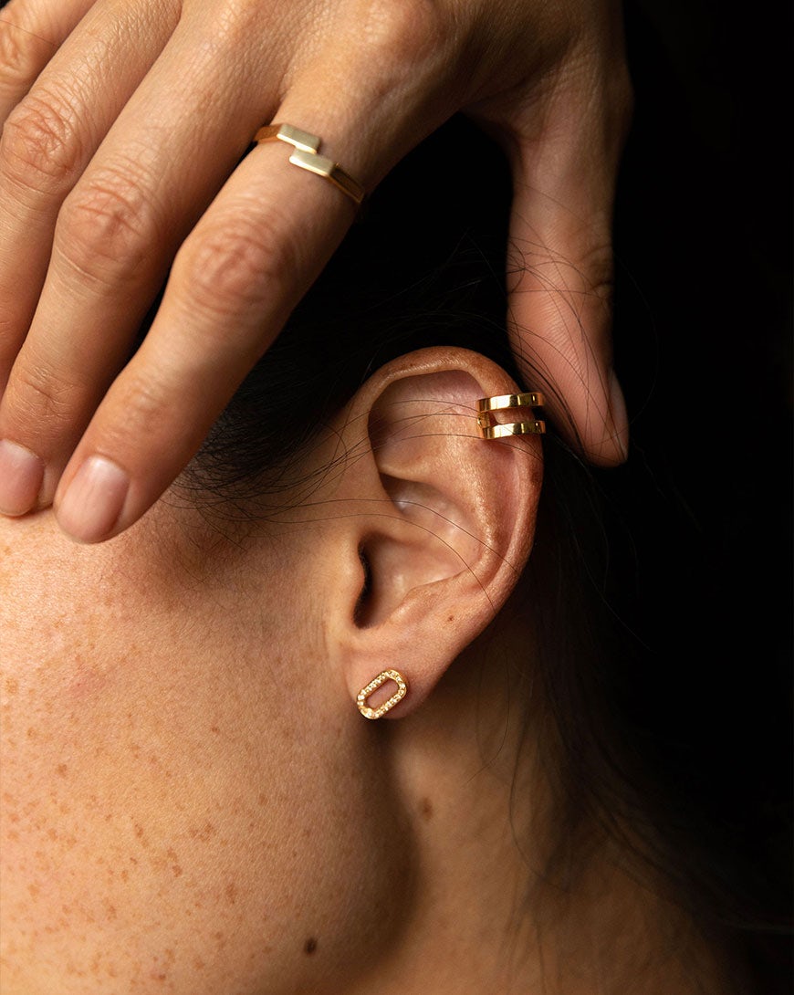 Bague, boucles d'oreilles Octogone et Etreinte en or jaune éthique certifiés Fairmined diamants de synthèse | JEM joaillerie durable 
