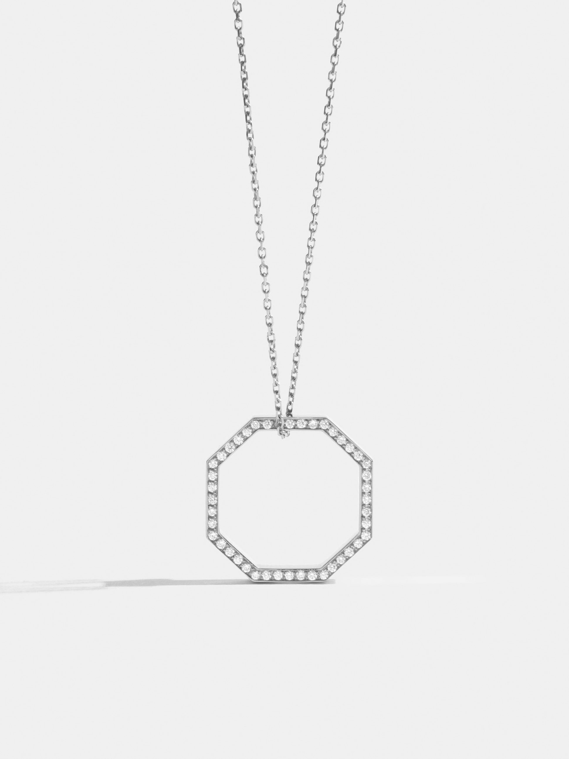 Octogone necklace with a 18mm pendant in 18k Fairmined ethical white gold, paved with lab-grown diamonds, on a 88cm chain.