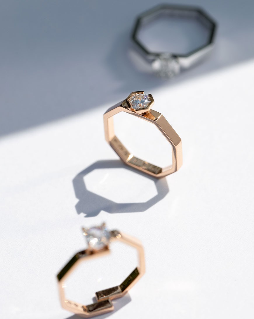 Octogone solitaires in Fairmined-certified yellow and white gold and labgrown diamonds | JEM Jewellery Ethically Minded