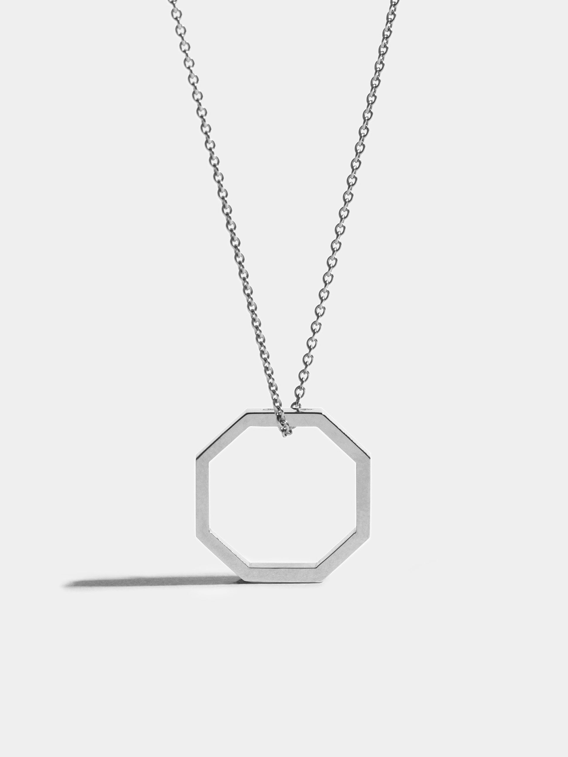 Octogone necklace with a 18mm pendant in 18k Fairmined ethical white gold, on a 88cm chain.