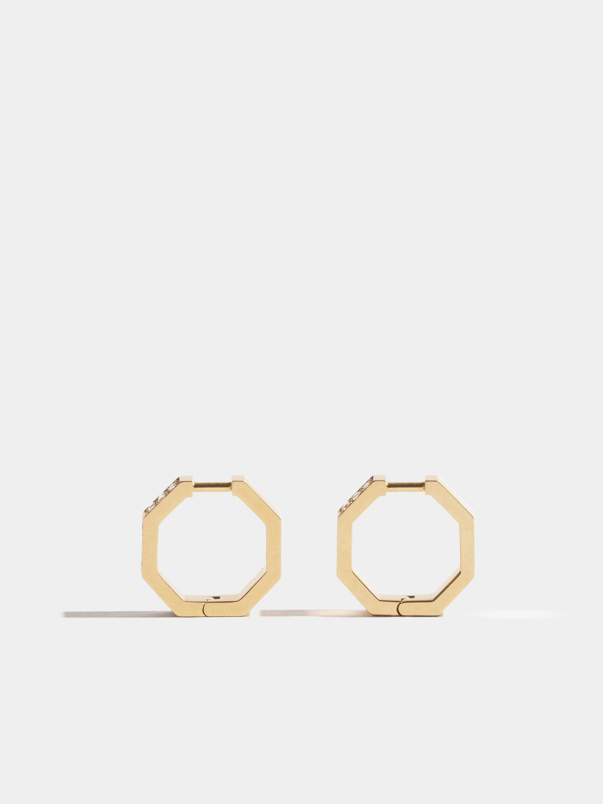 Boucles d'oreilles Octogone en Or jaune éthique 18 carats certifié Fairmined (13mm) et pavées de diamants de synthèse, la paire.