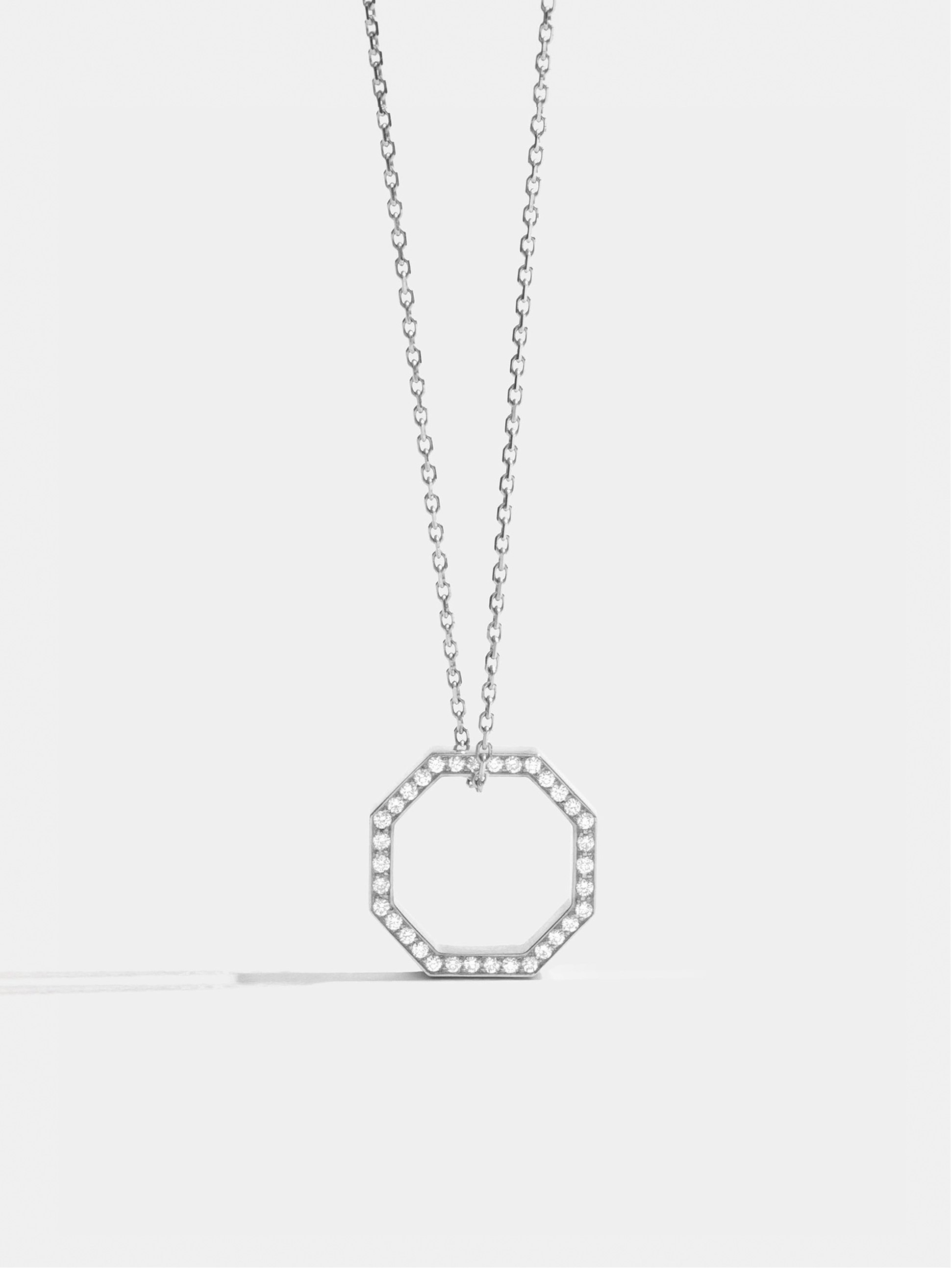 Octogone 14mm pendant in 18k Fairmined ethical white gold, paved with lab-grown diamonds, on a chain.