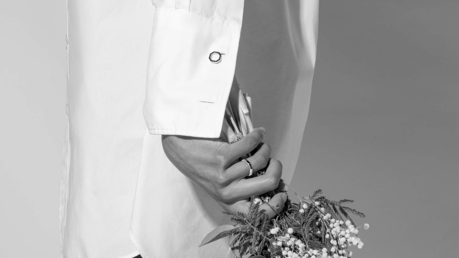 Bouton de manchette Or Blanc certifié Fairmined - Bague Octogone Or blanc pavée sur la tranche