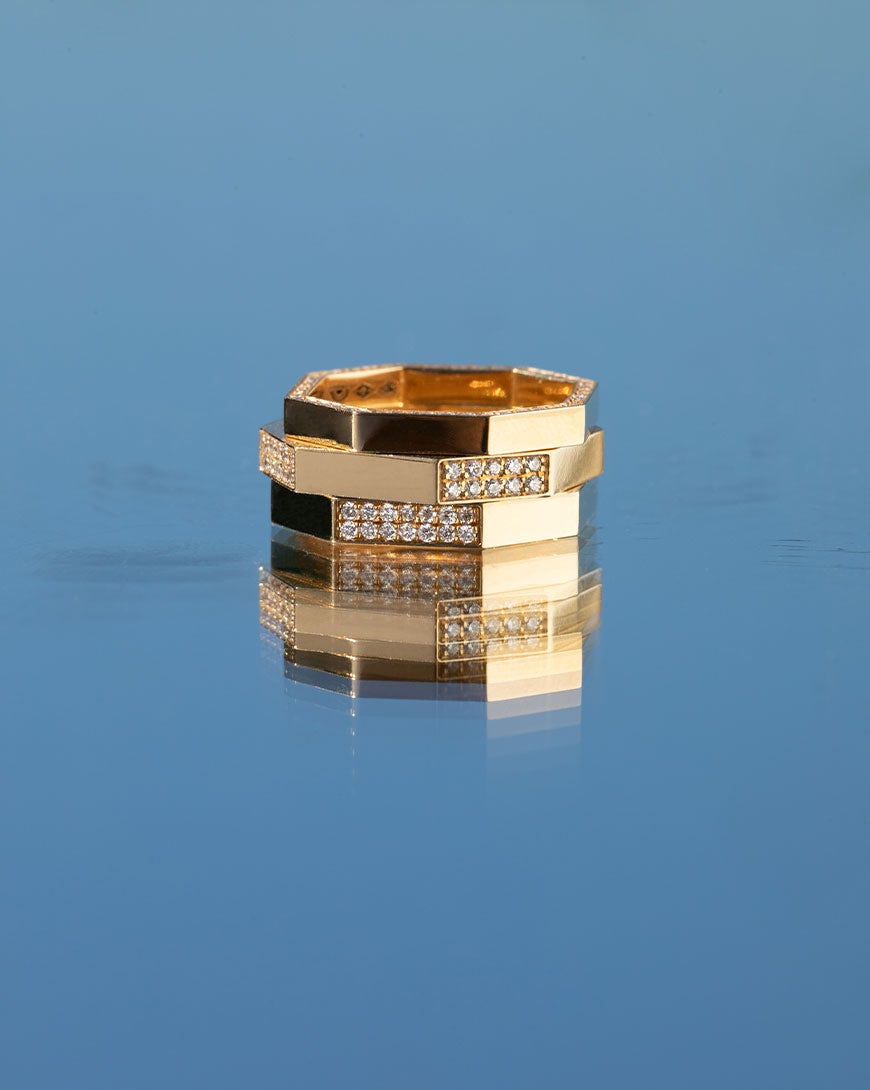 Bagues Octogone en or jaune éthique certifié Fairmined pavées de diamants de synthèse | JEM joaillerie durable