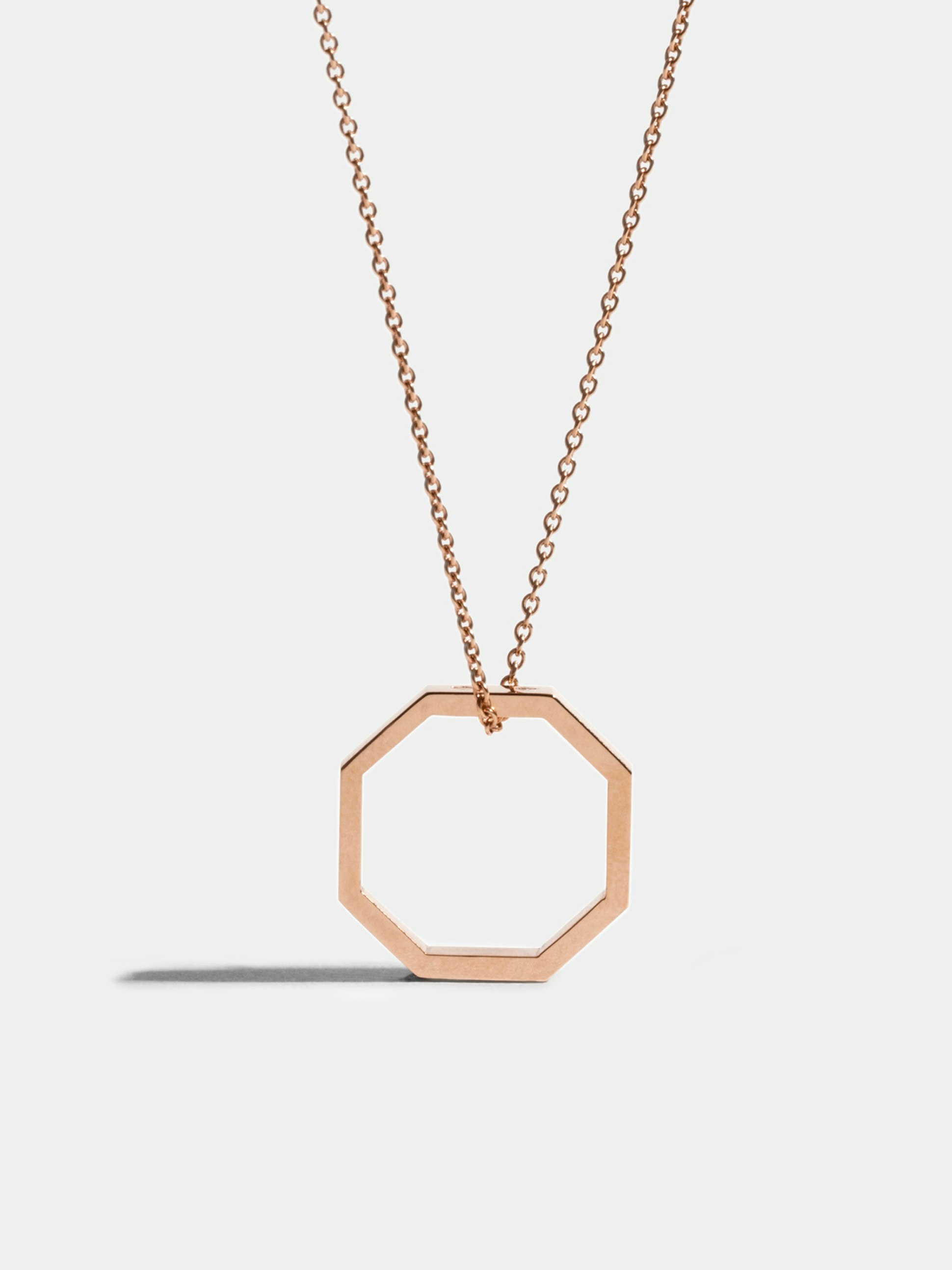 Octogone necklace with a 18mm pendant in 18k Fairmined ethical rose gold, on a 88cm chain.