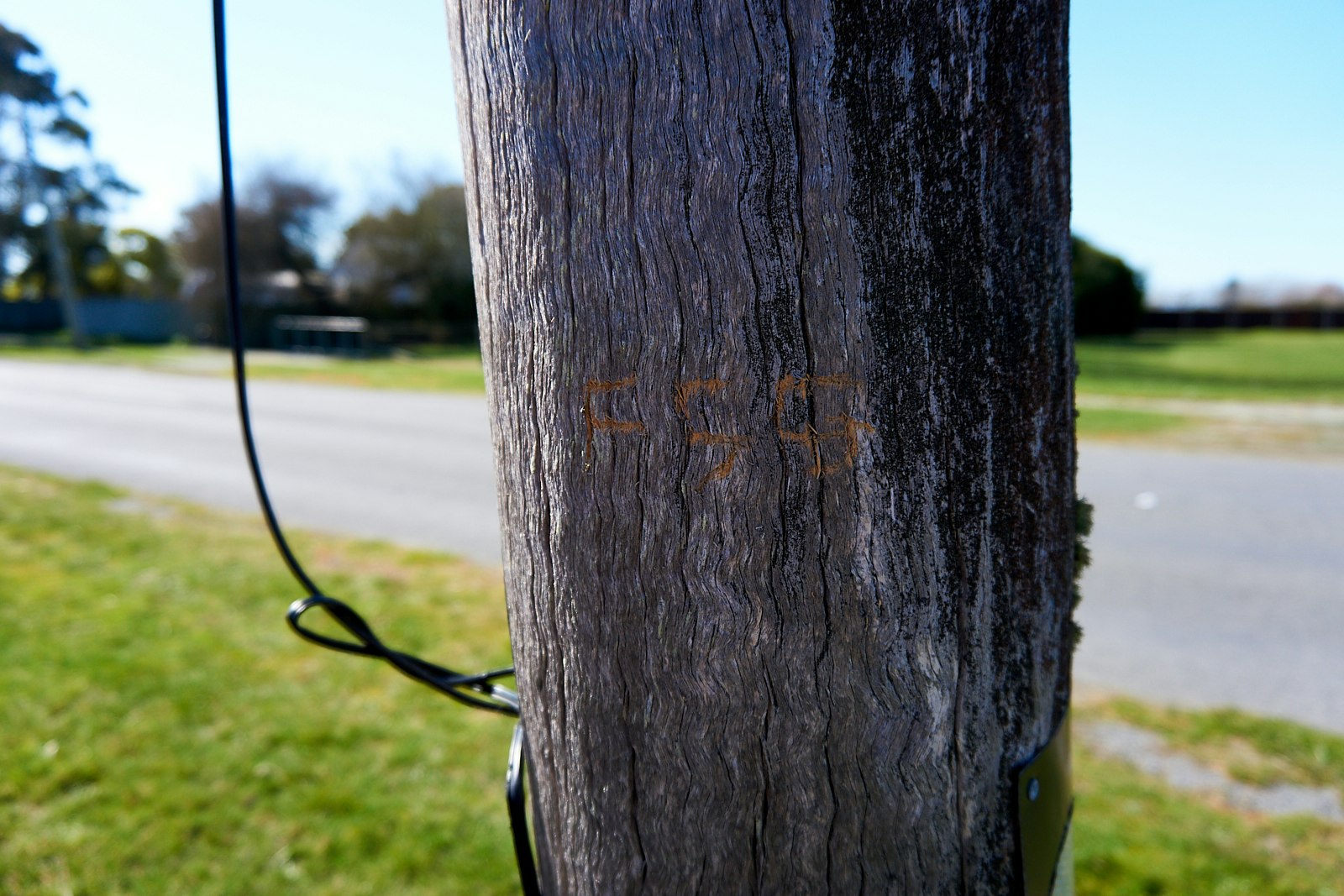 Initals carved into a lamppost