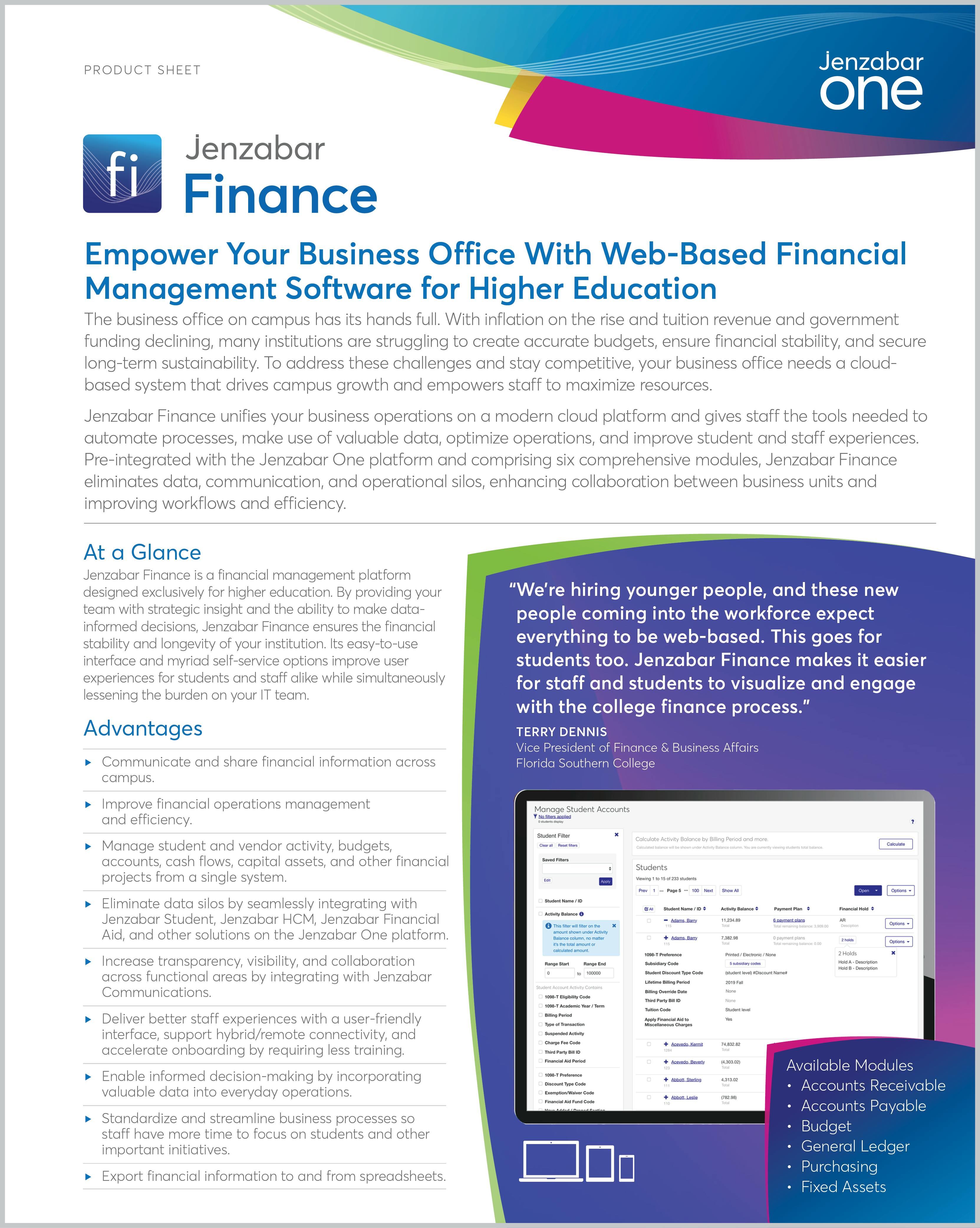 Jenzabar Finance Product Sheet