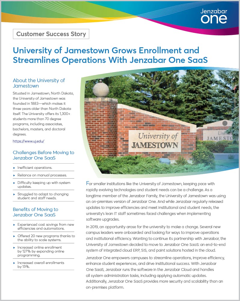 University of Jamestown Grows Enrollment and Streamlines Operations With Jenzabar One SaaS