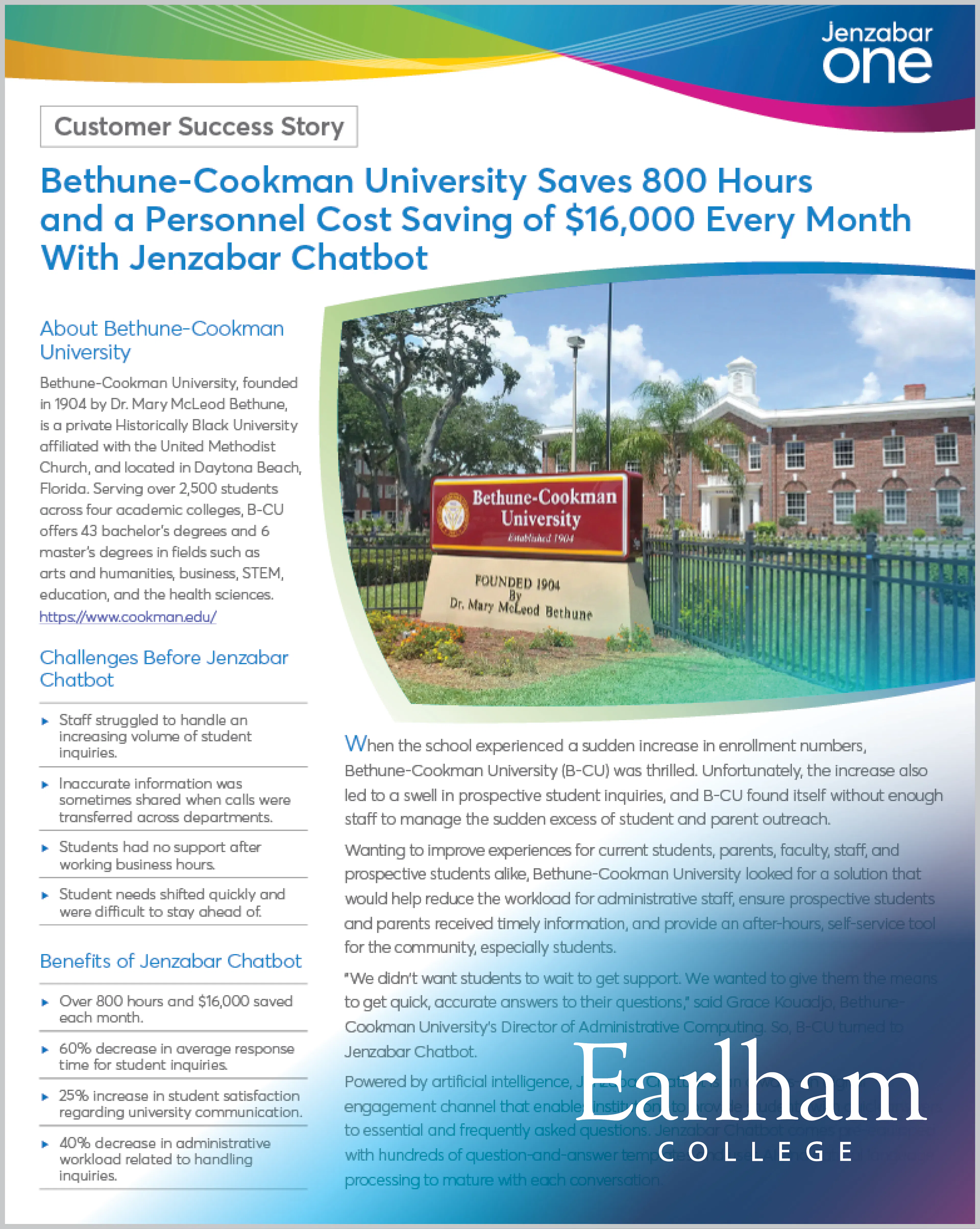 Case Study: Bethune-Cookman University Saves 800 Hours and a Personnel Cost Saving of $16,000 Every Month With Jenzabar Chatbot
