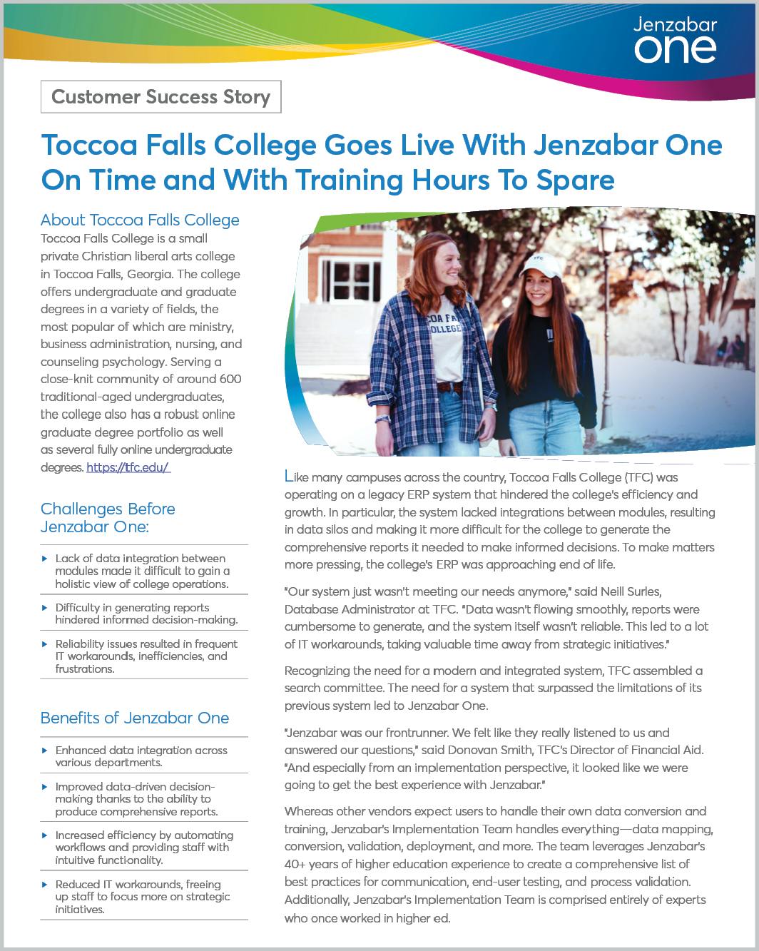 Toccoa Falls College Goes Live With Jenzabar One On Time and With Training Hours to Spare