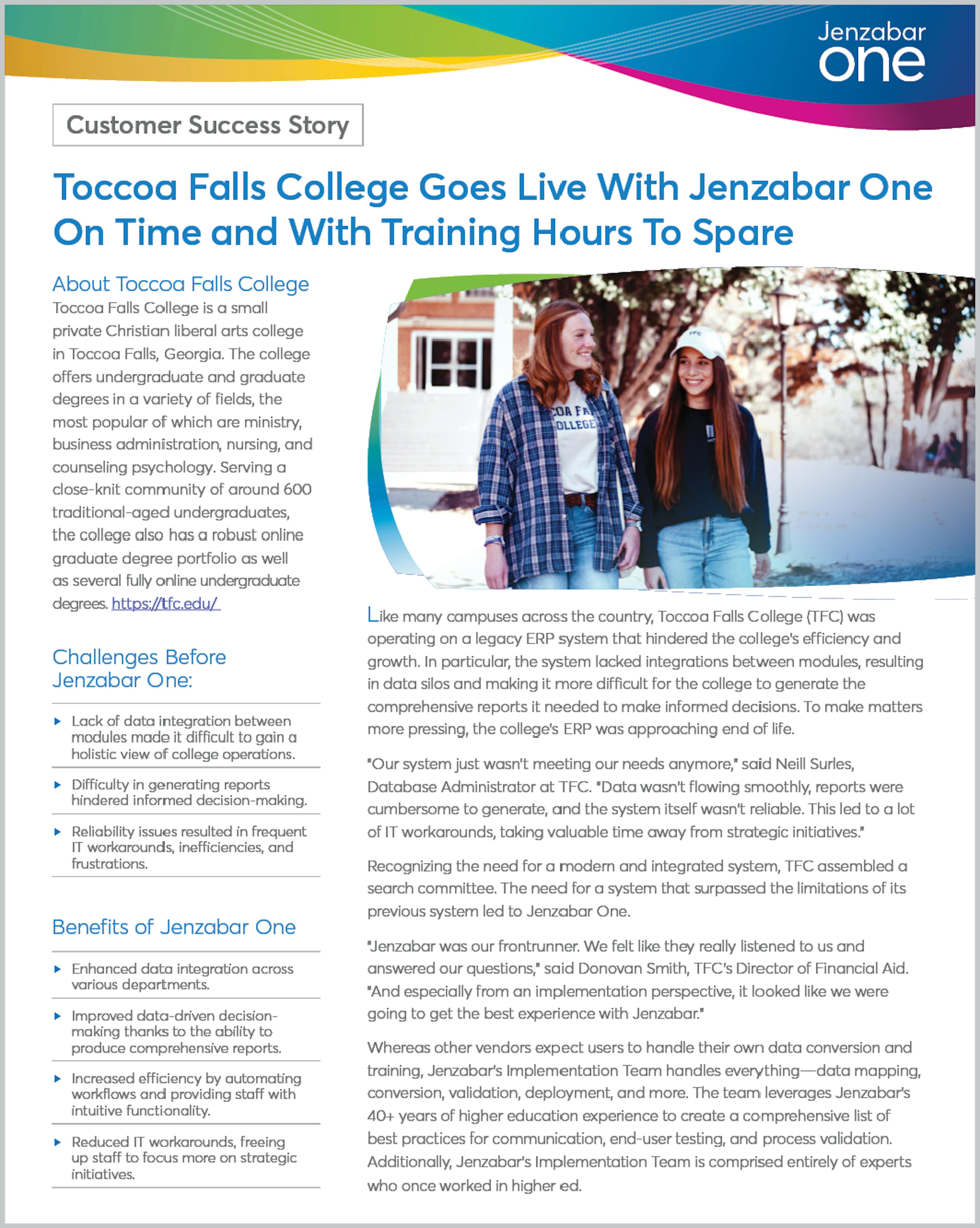 Toccoa Falls College Goes Live With Jenzabar One On Time and With Training Hours to Spare