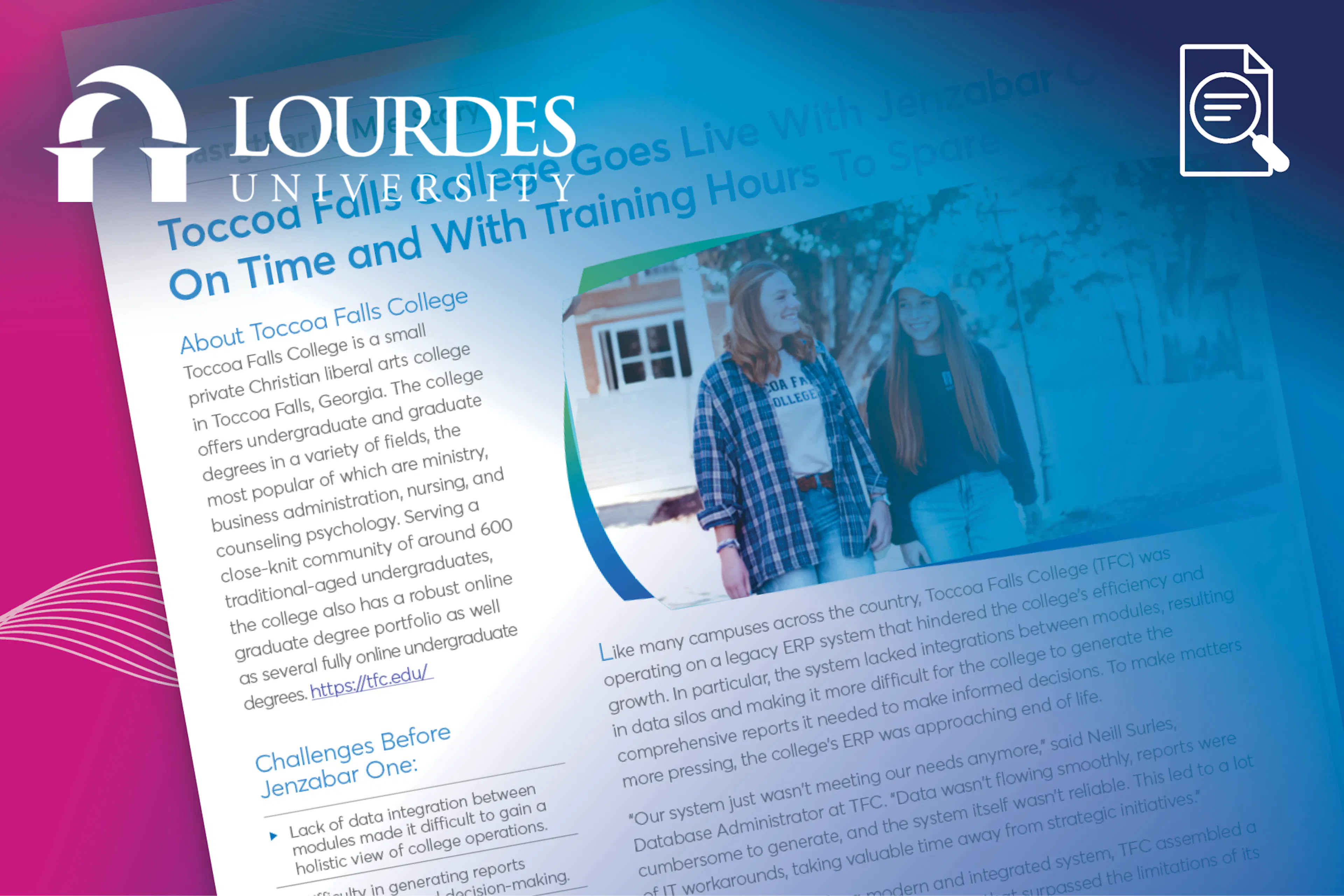 Case Study: Toccoa Falls College Goes Live With Jenzabar One On Time and With Training Hours to Spare