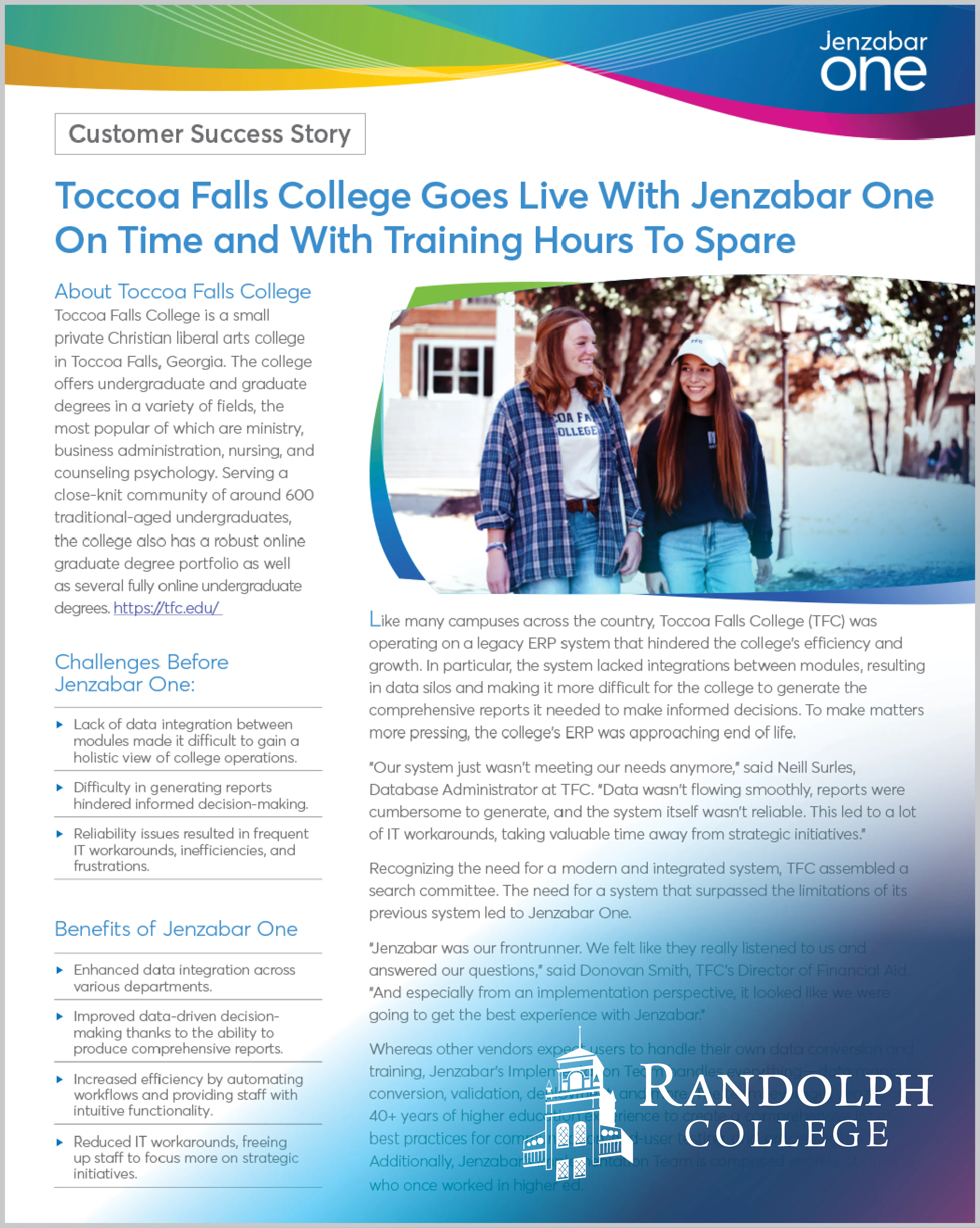 Case Study: Toccoa Falls College Goes Live With Jenzabar One On Time and With Training Hours to Spare