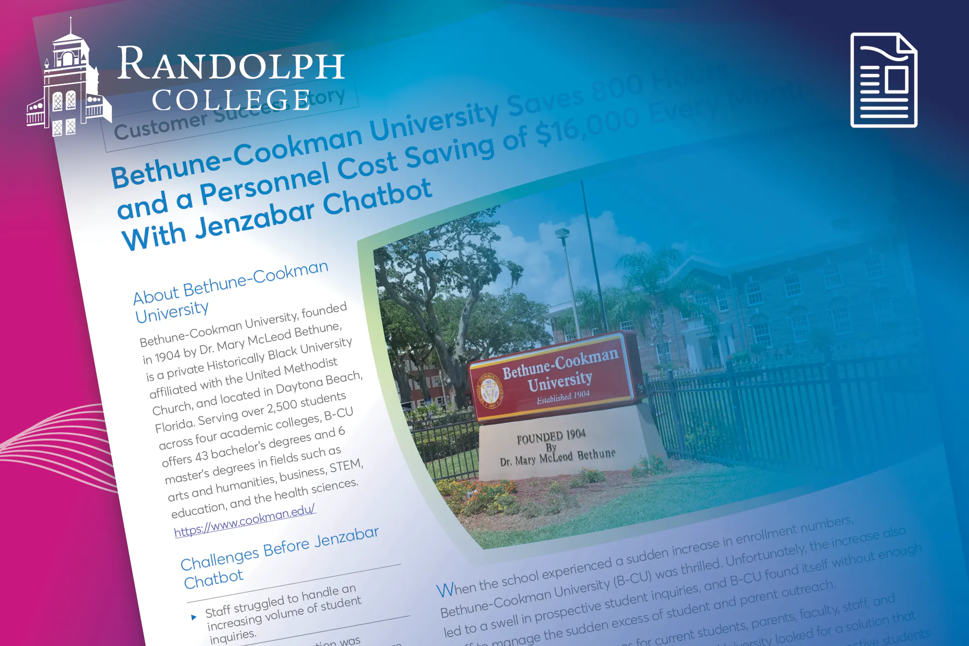 Case Study: Bethune-Cookman University Saves 800 Hours and a Personnel Cost Saving of $16,000 Every Month With Jenzabar Chatbot