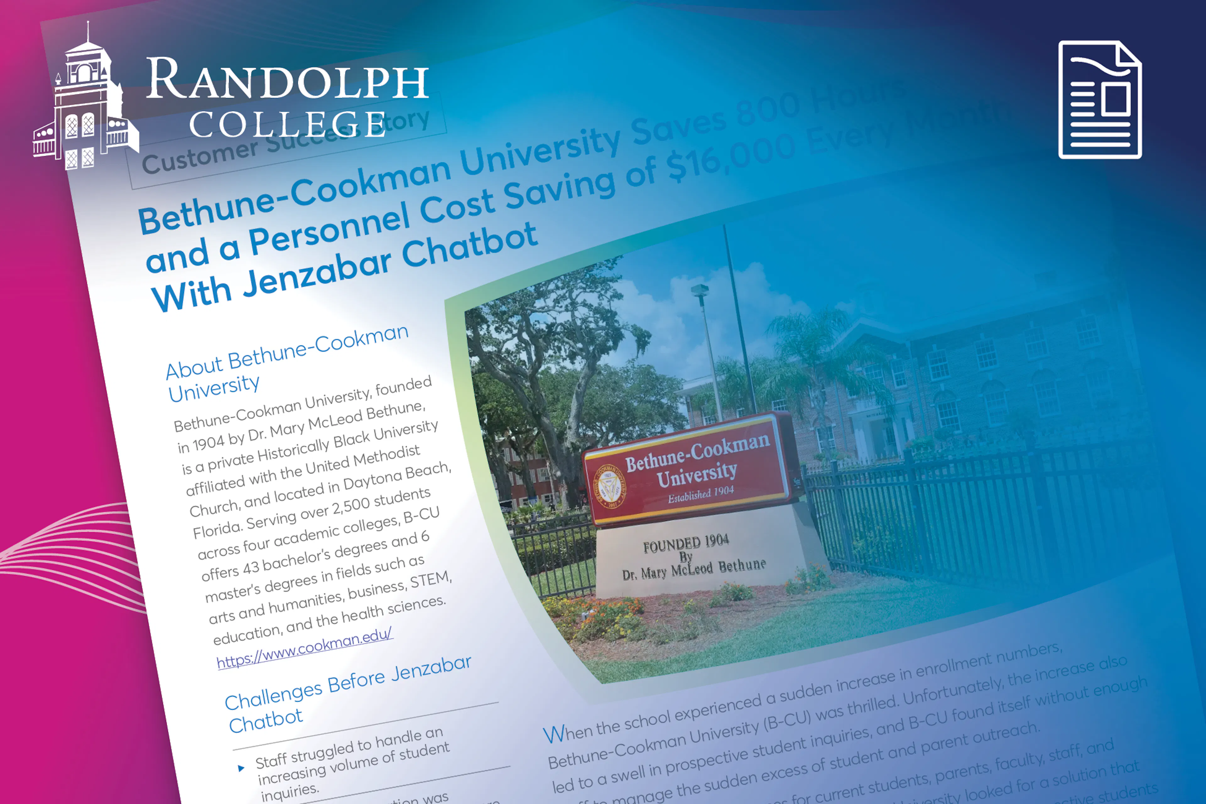 Case Study: Bethune-Cookman University Saves 800 Hours and a Personnel Cost Saving of $16,000 Every Month With Jenzabar Chatbot