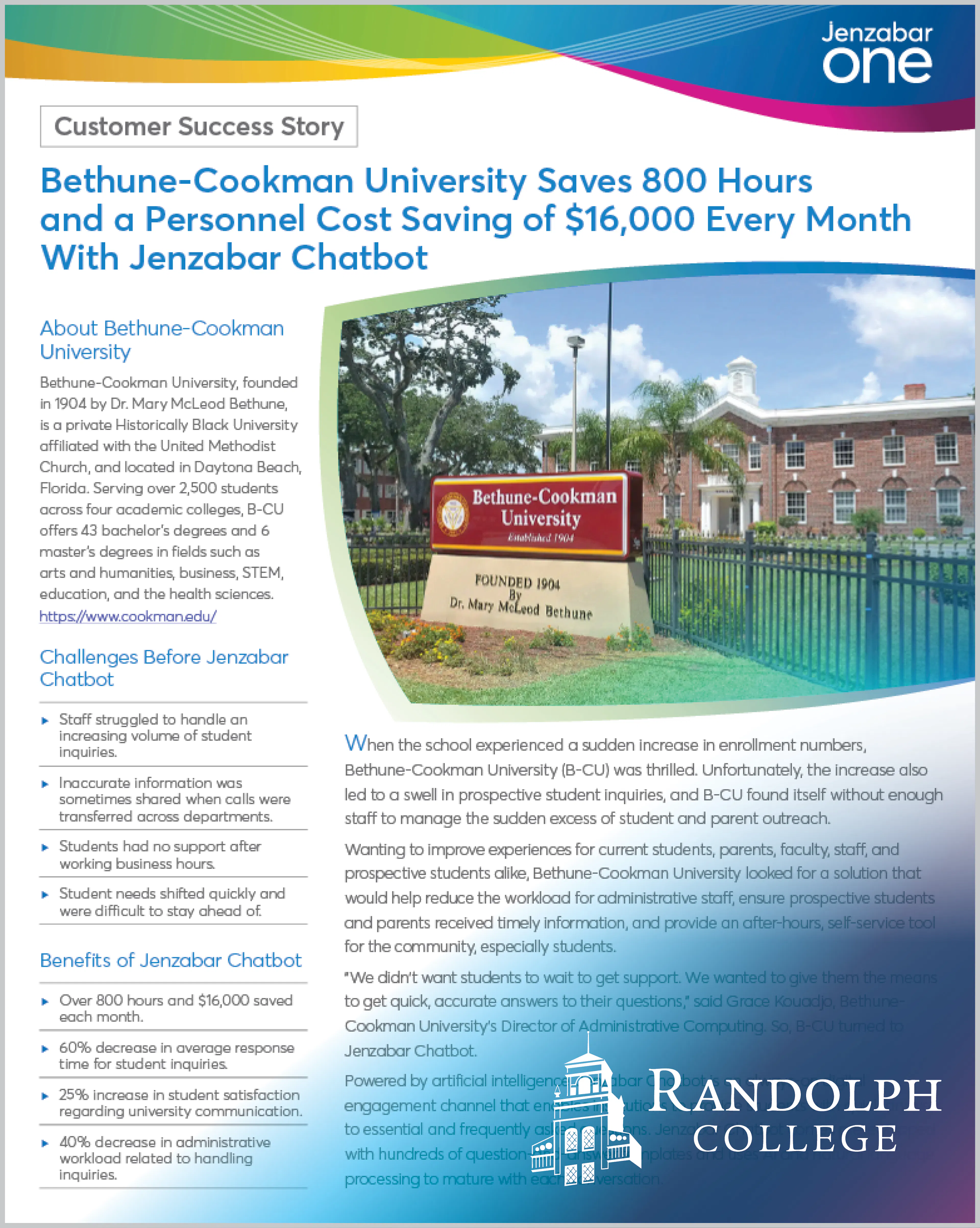 Case Study: Bethune-Cookman University Saves 800 Hours and a Personnel Cost Saving of $16,000 Every Month With Jenzabar Chatbot