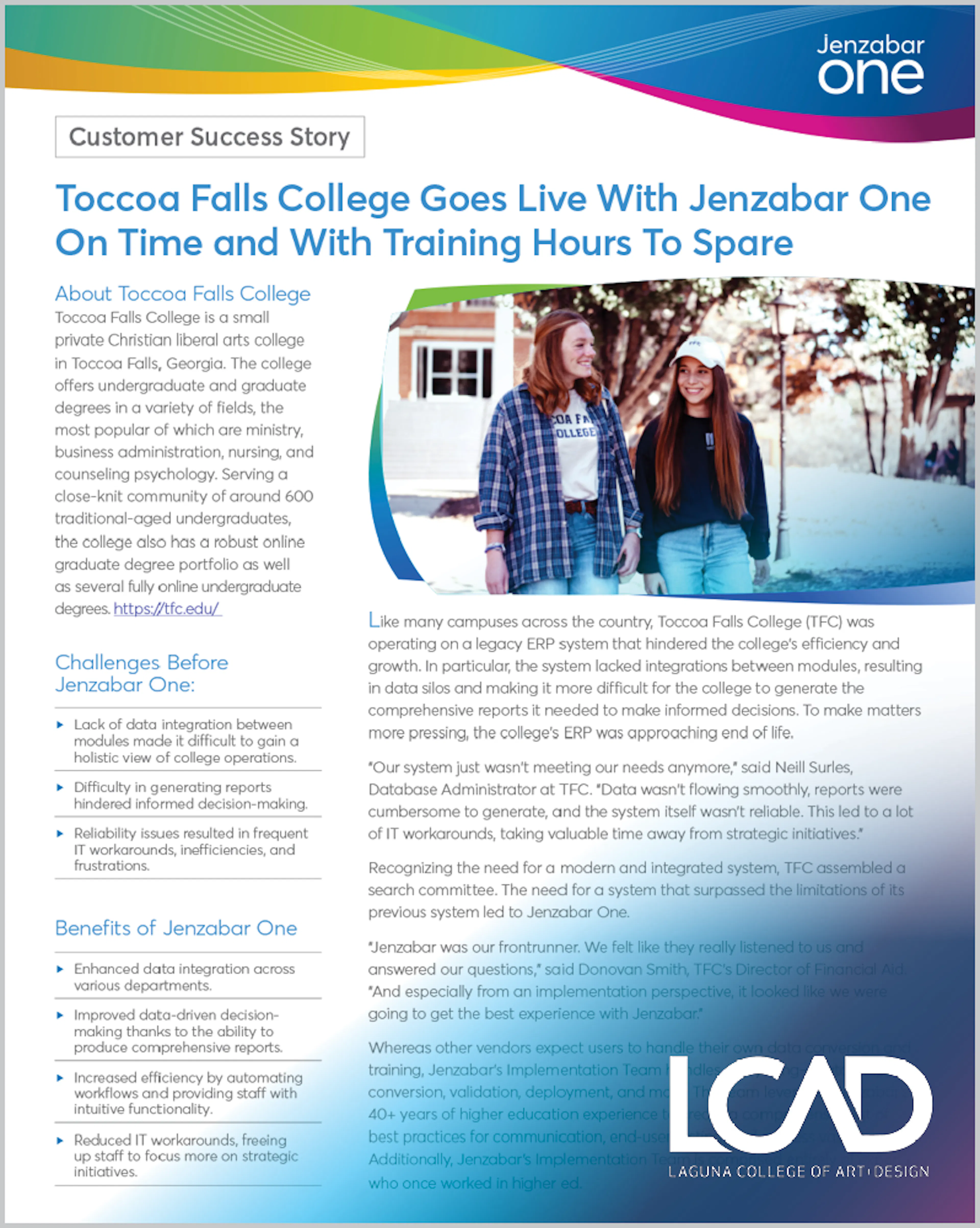 Case Study: Toccoa Falls College Goes Live With Jenzabar One On Time and With Training Hours to Spare