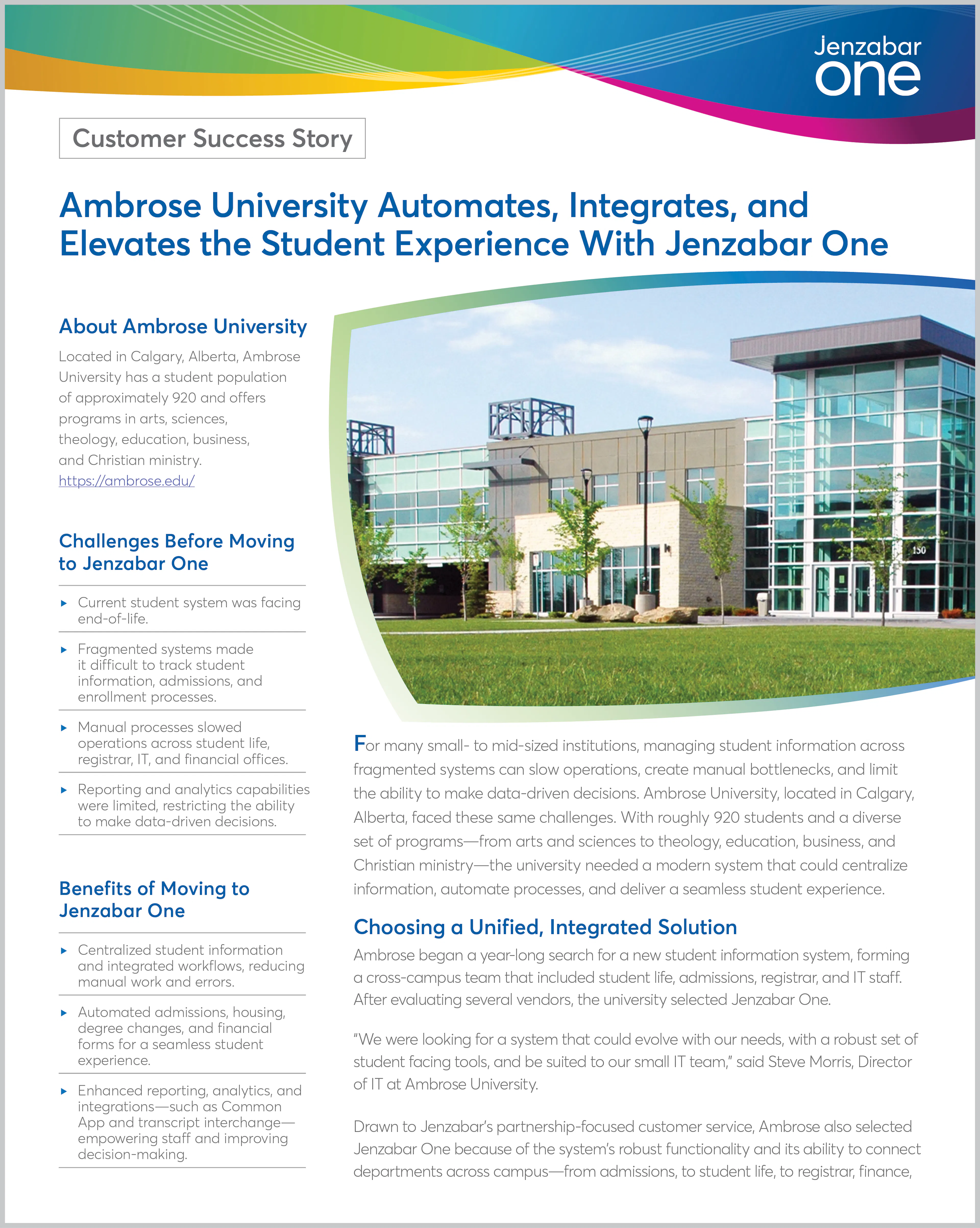 Ambrose University Automates, Integrates, and Elevates the Student Experience With Jenzabar One
