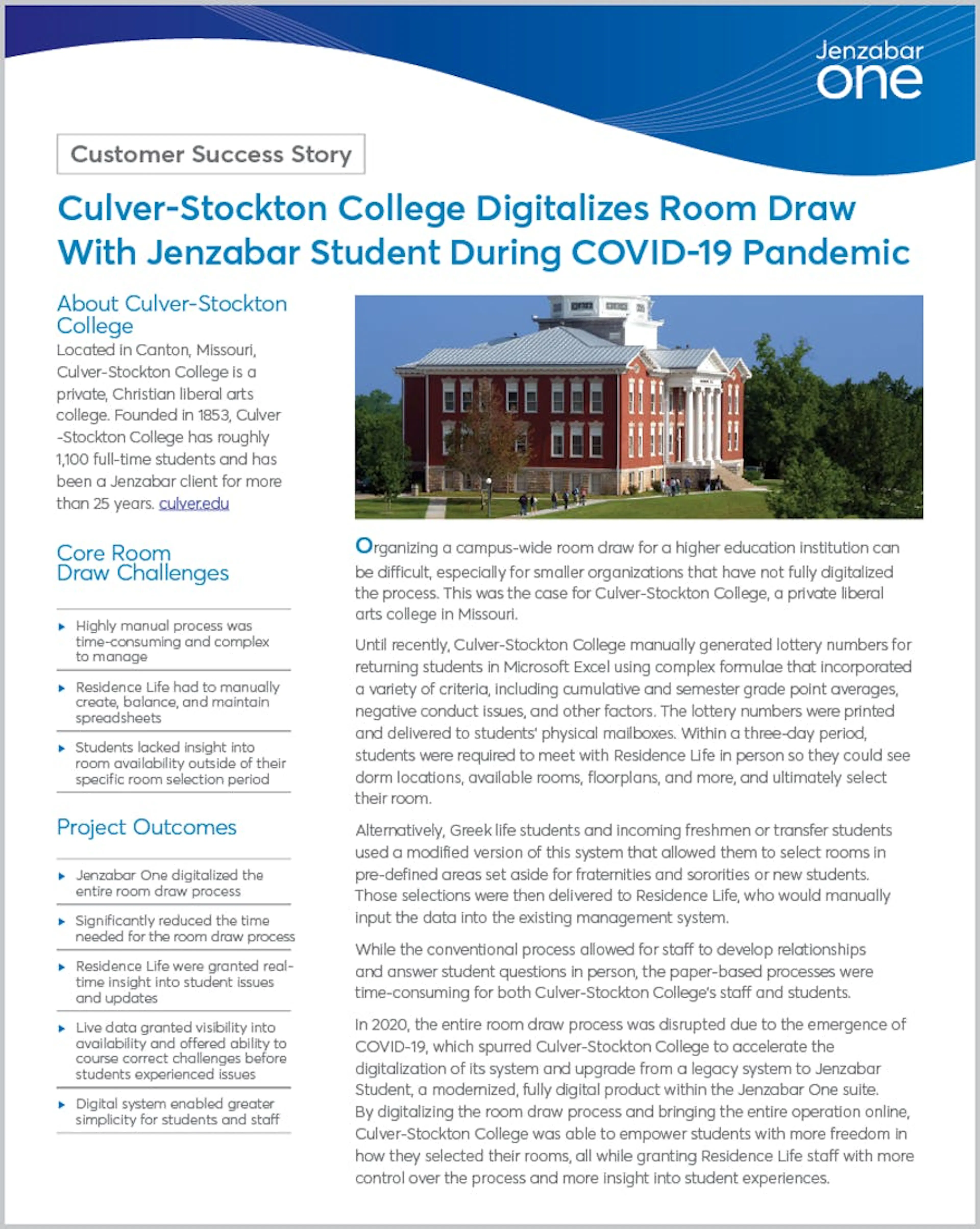 Culver-Stockton College Digitalizes Room Draw With Jenzabar Student During COVID-19 Pandemic