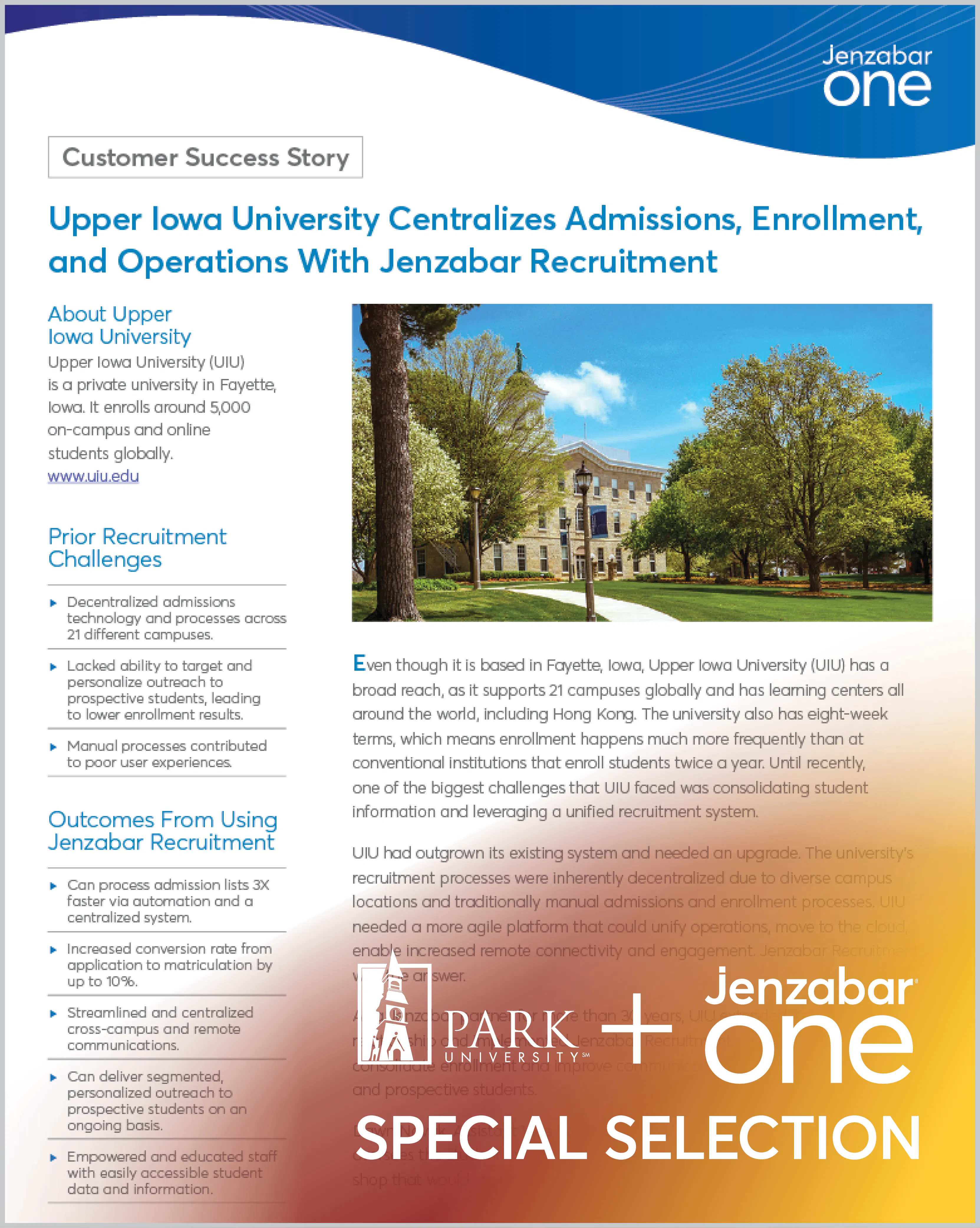 Case Study: Upper Iowa University Centralizes Admissions, Enrollment, and Operations With Jenzabar Recruitment