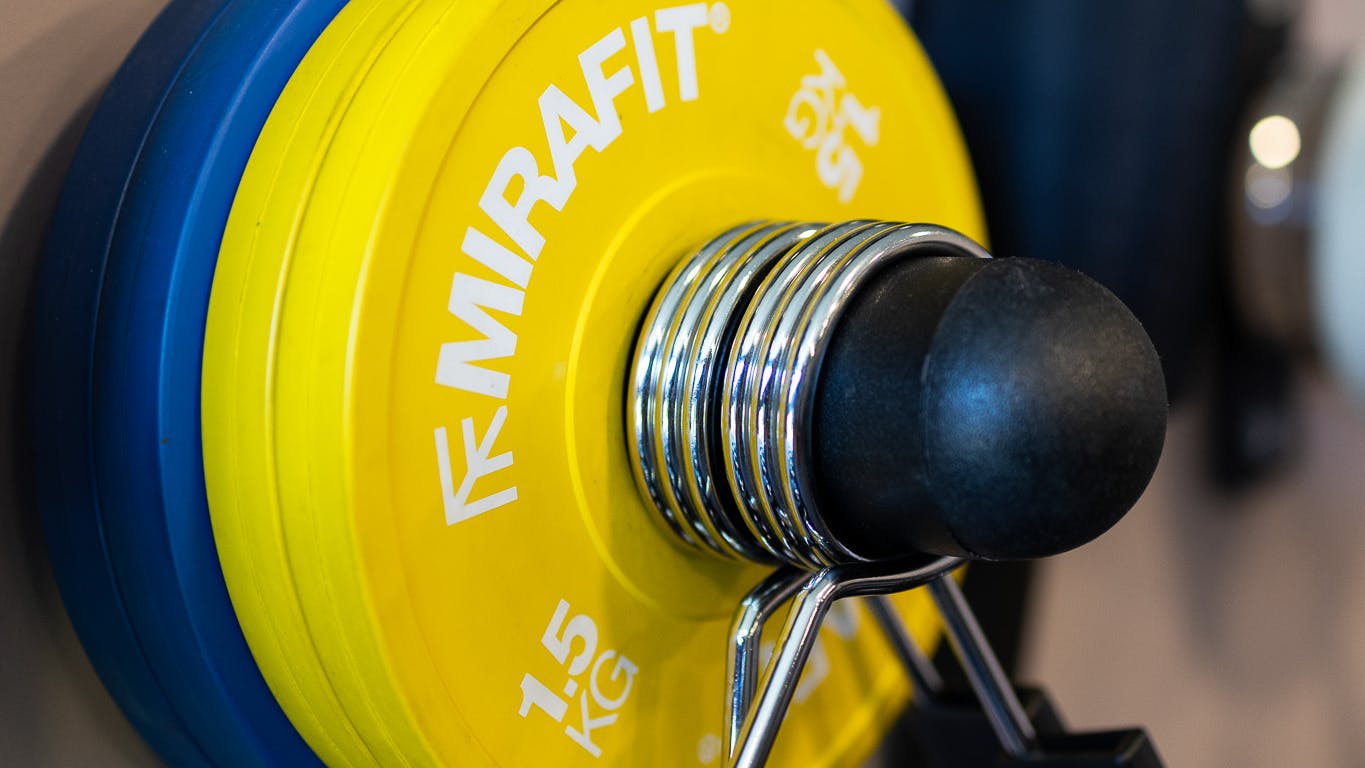 Weights on wall rack in Jess-fit studio